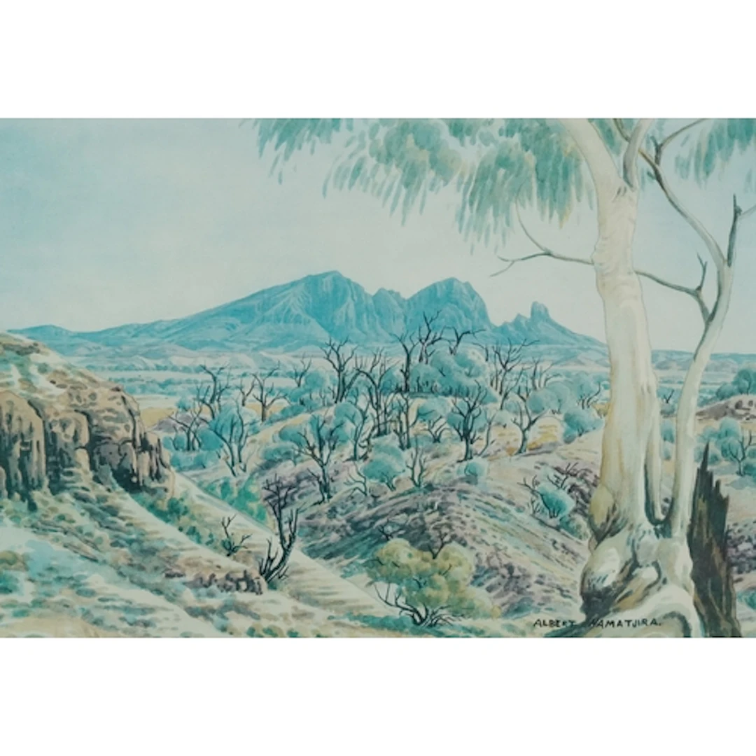 Albert Namatjira - Trees before a mountainous landscape, pri...