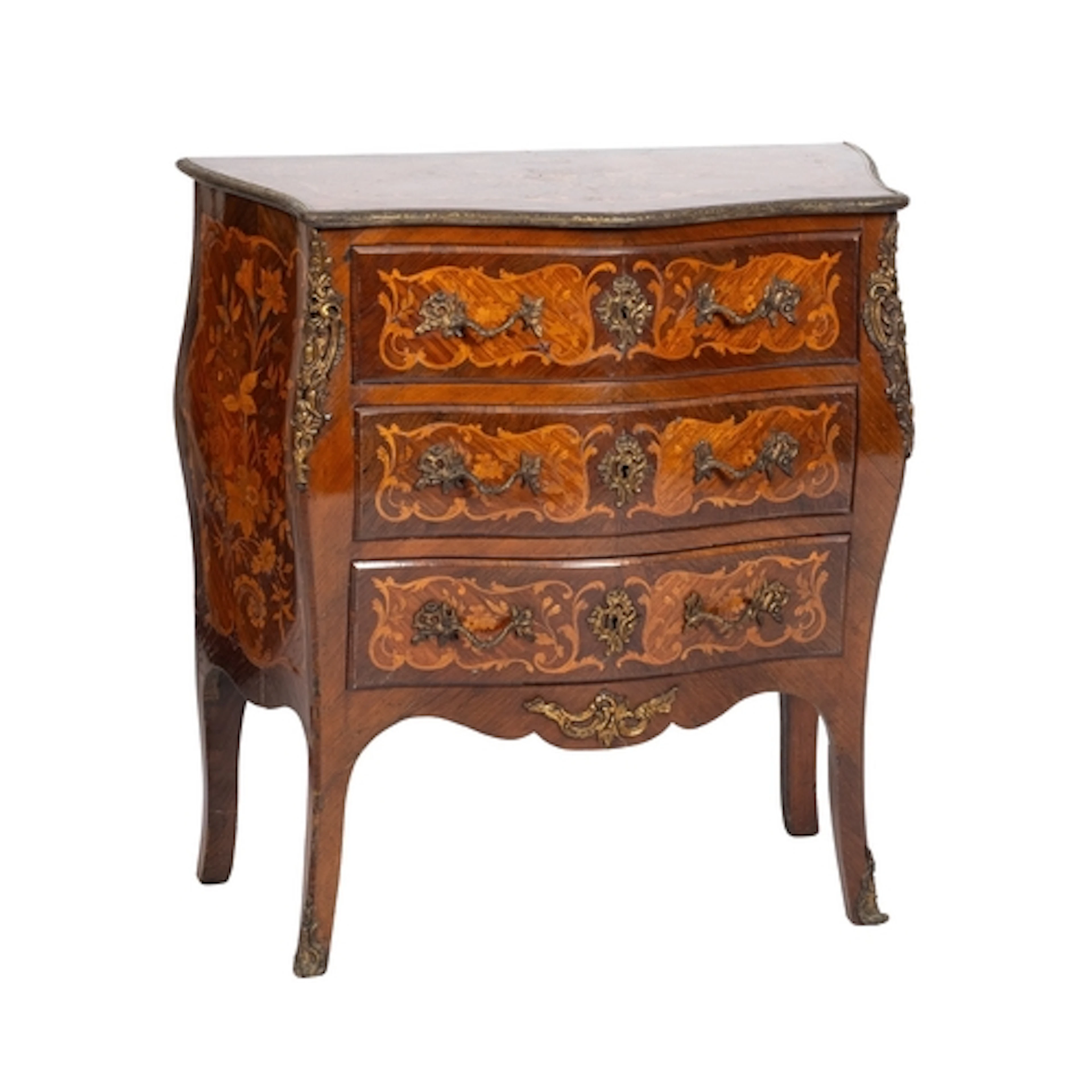 A kingwood and floral marquetry serpentine front commode in ...