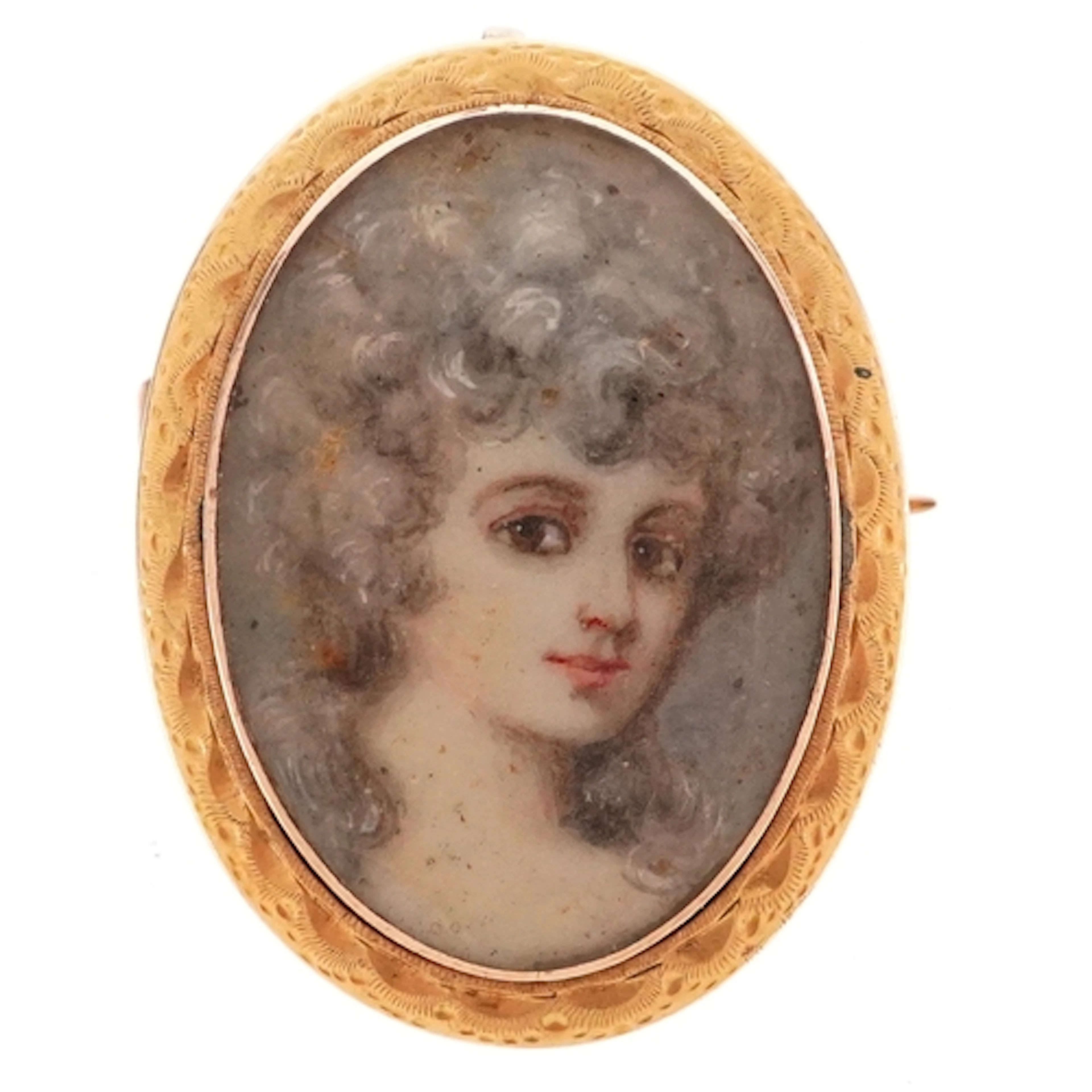 Georgian unmarked gold locket brooch hand painted with a fem...