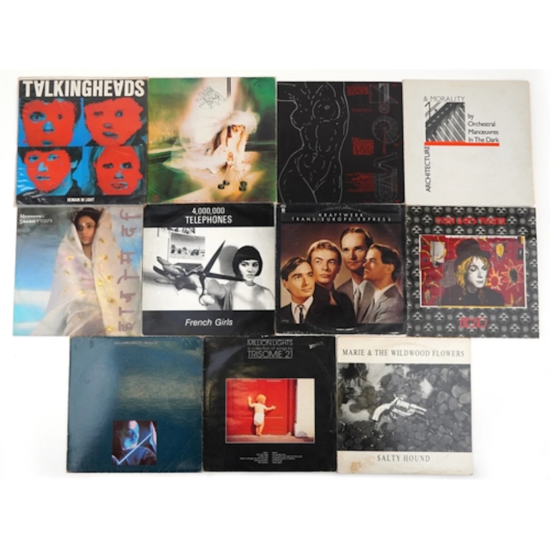 Collection of vinyl LP records including Kraftwerk, Colin Ll...