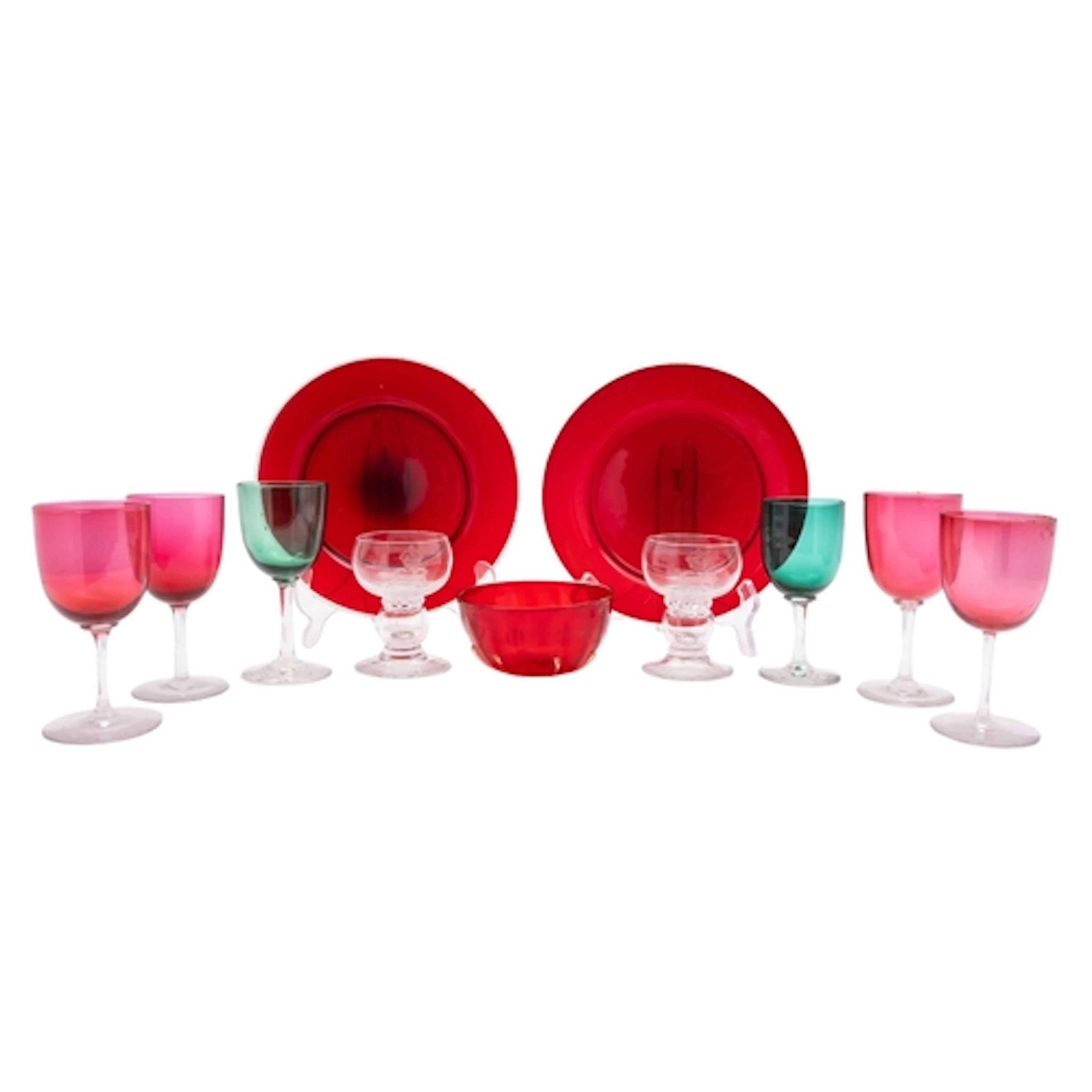 A mixed group of primarily coloured glass, comprising two pl...