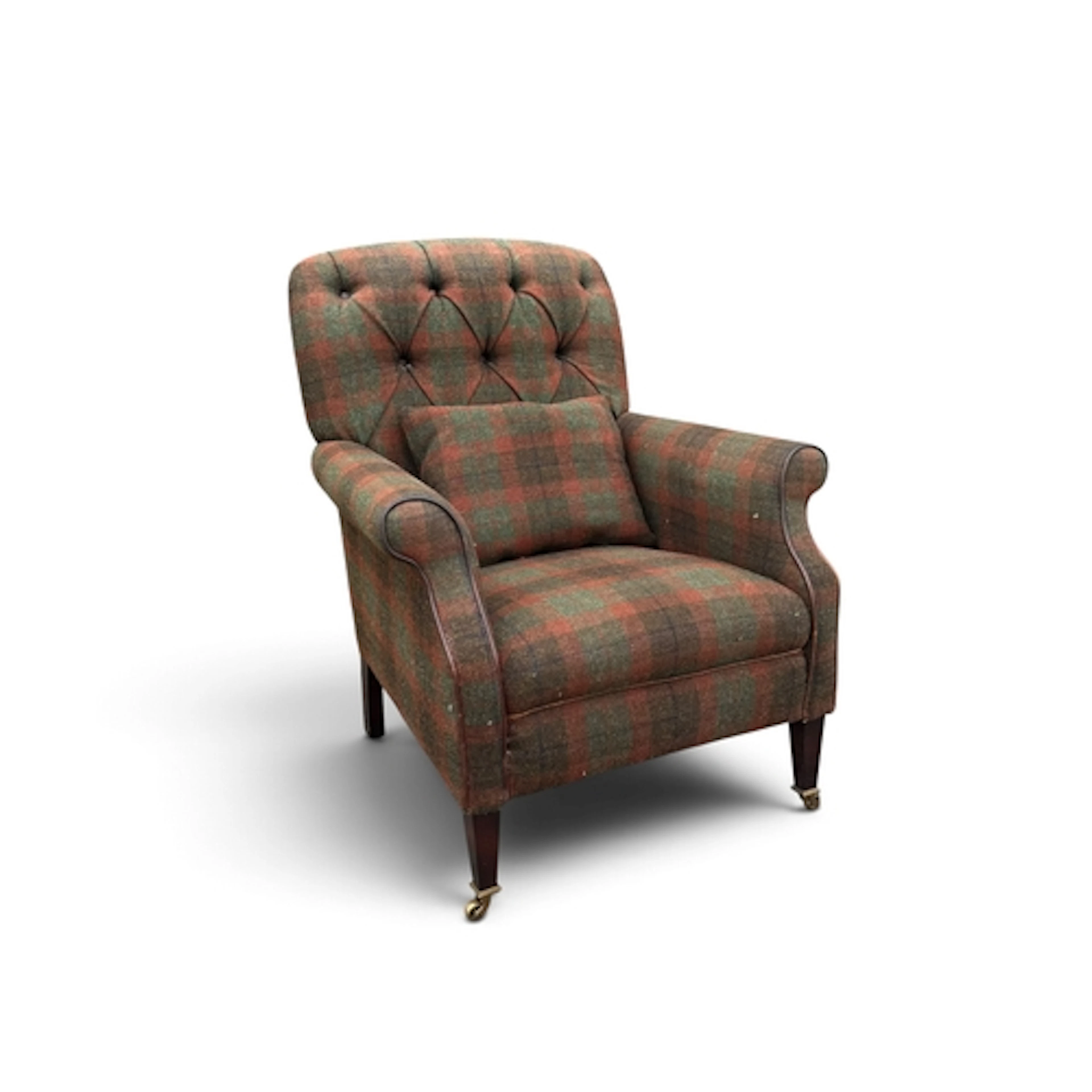 A MODERN HARRIS TWEED UPHOLSTERED BUTTON BACK ARMCHAIR...