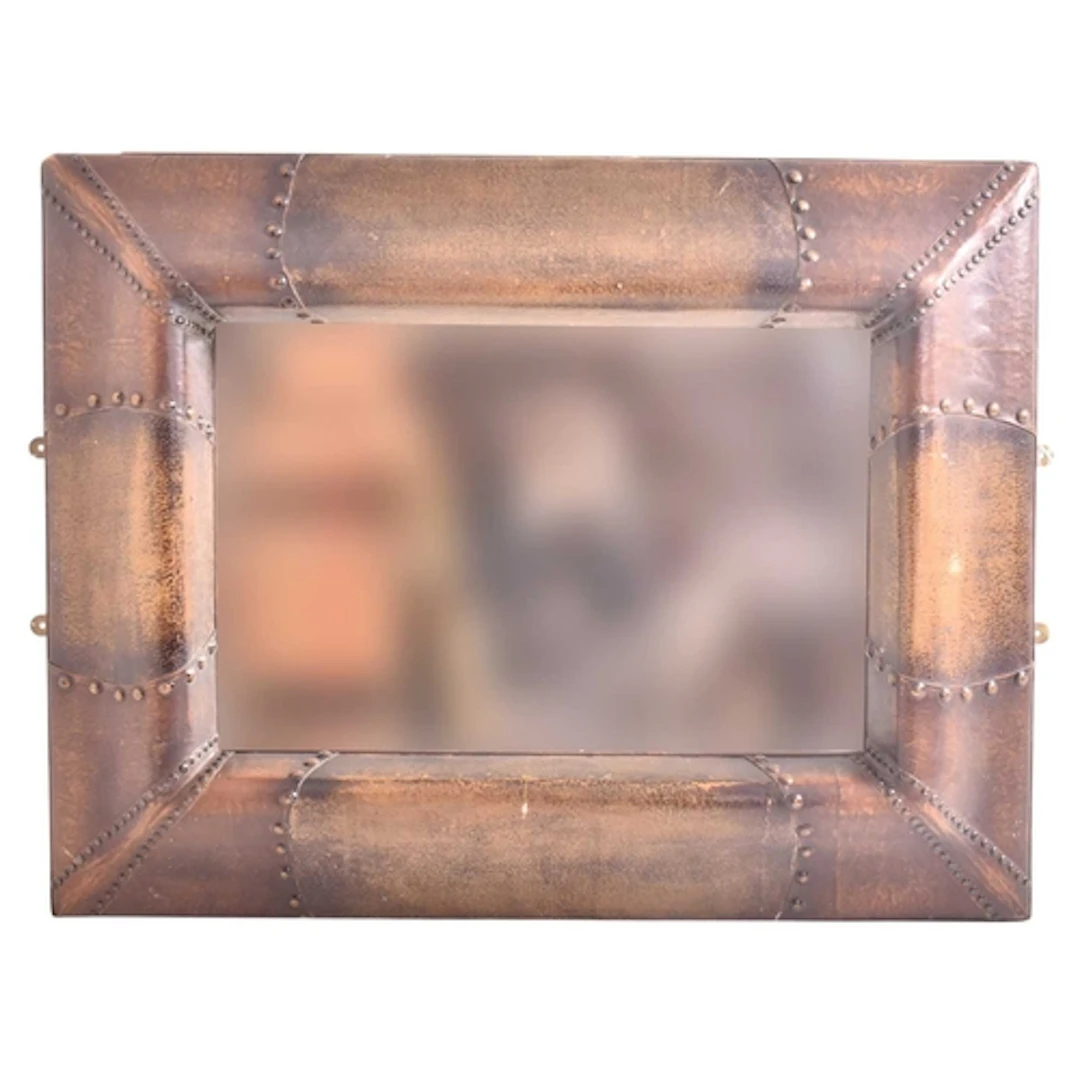 A large modern designer leather-framed mirror. The mirror ha...