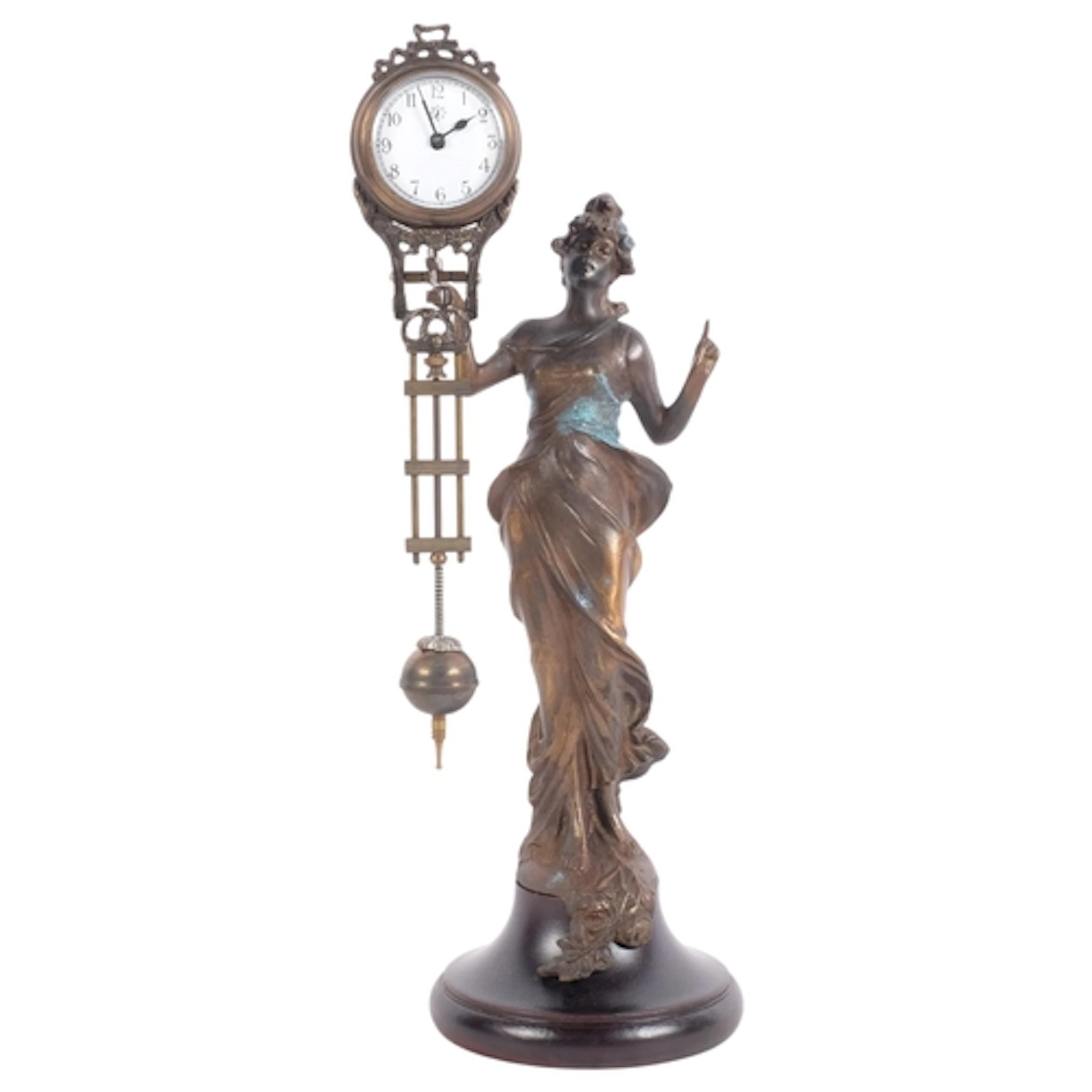 A mystery clock supported by bronze figure of an Art Nouveau...