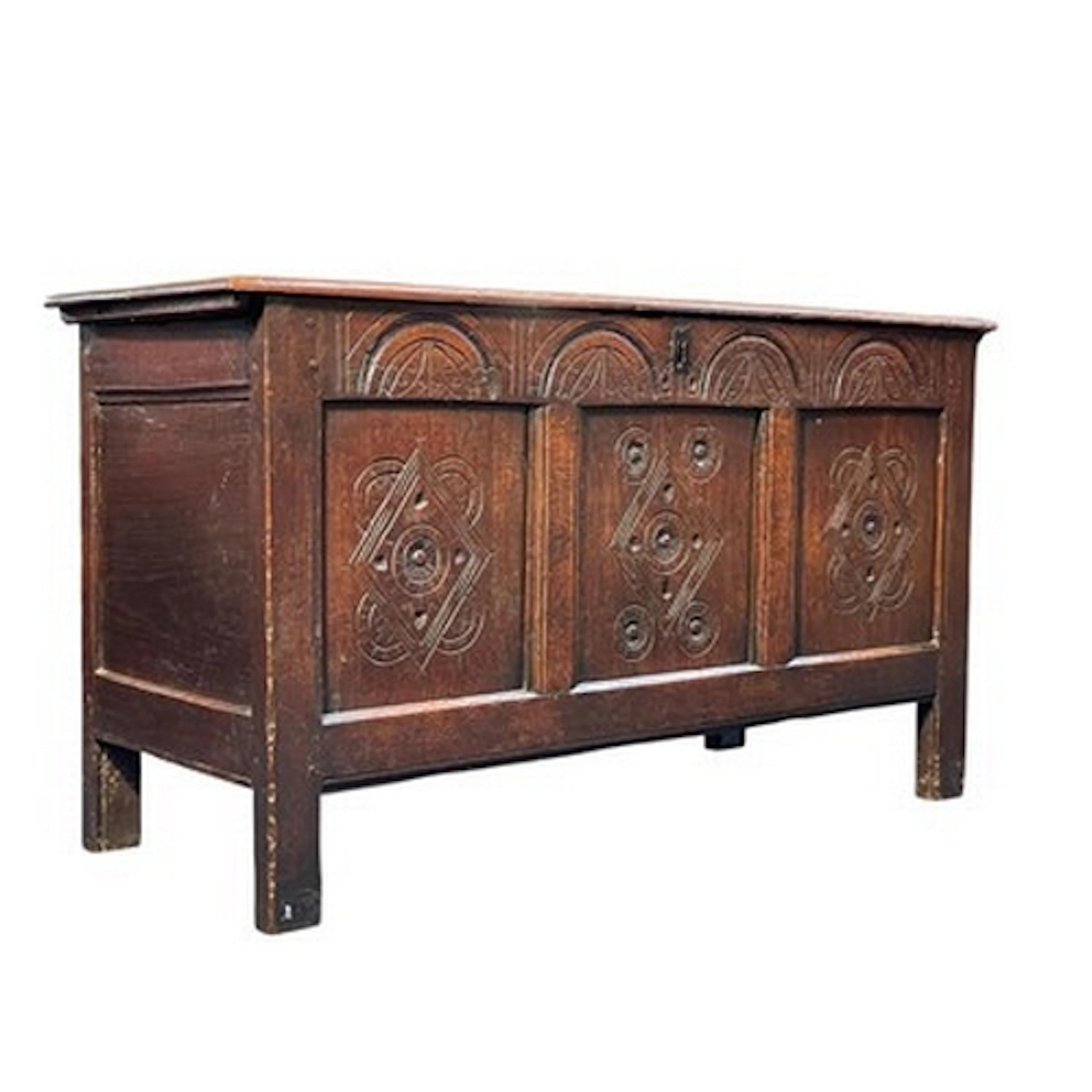 An 18th century hand carved oak coffer chest. The coffer hav...