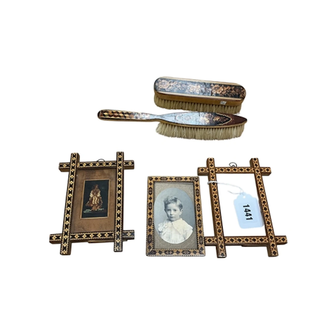Three Tunbridge ware photograph frames and two brushes, larg...