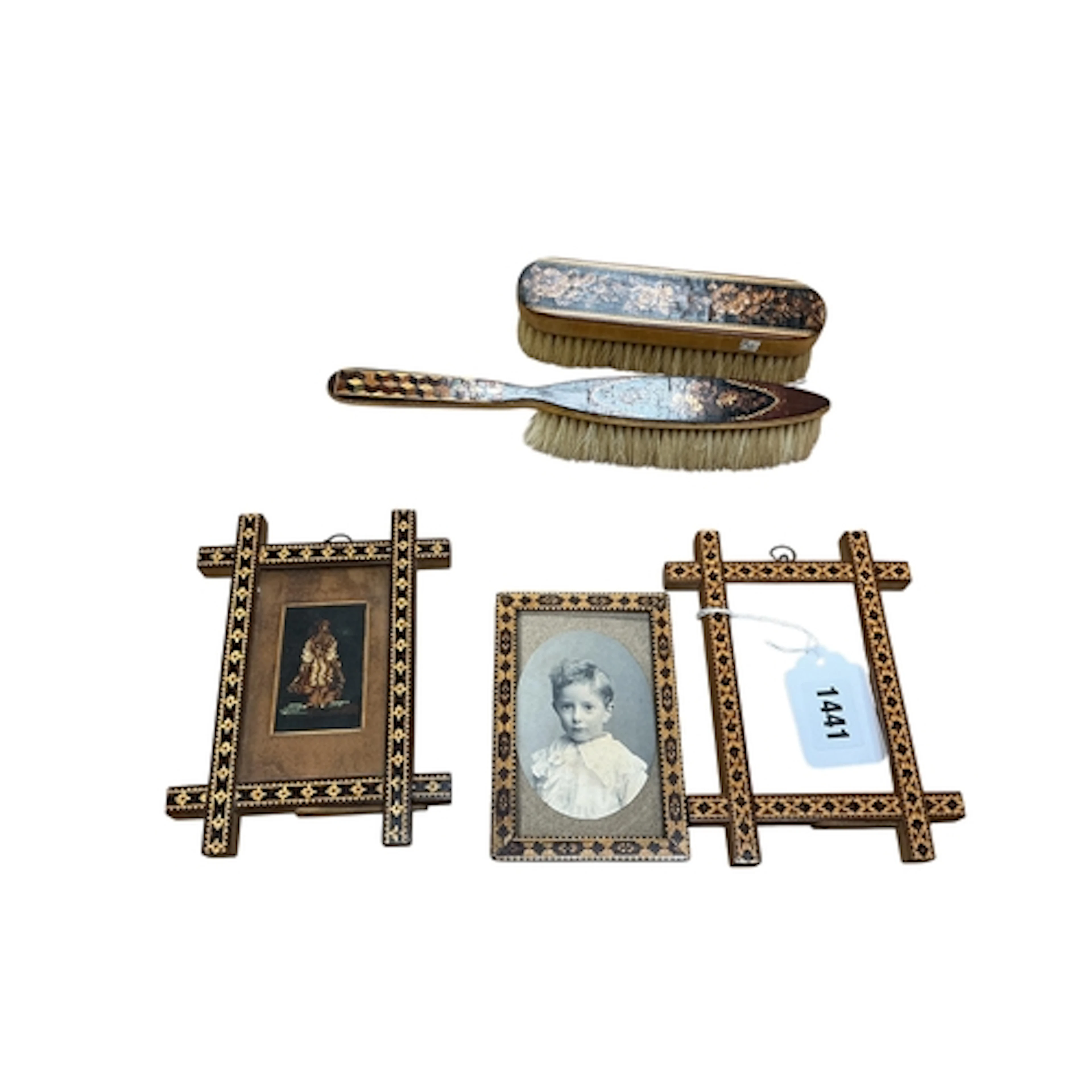 Three Tunbridge ware photograph frames and two brushes, larg...