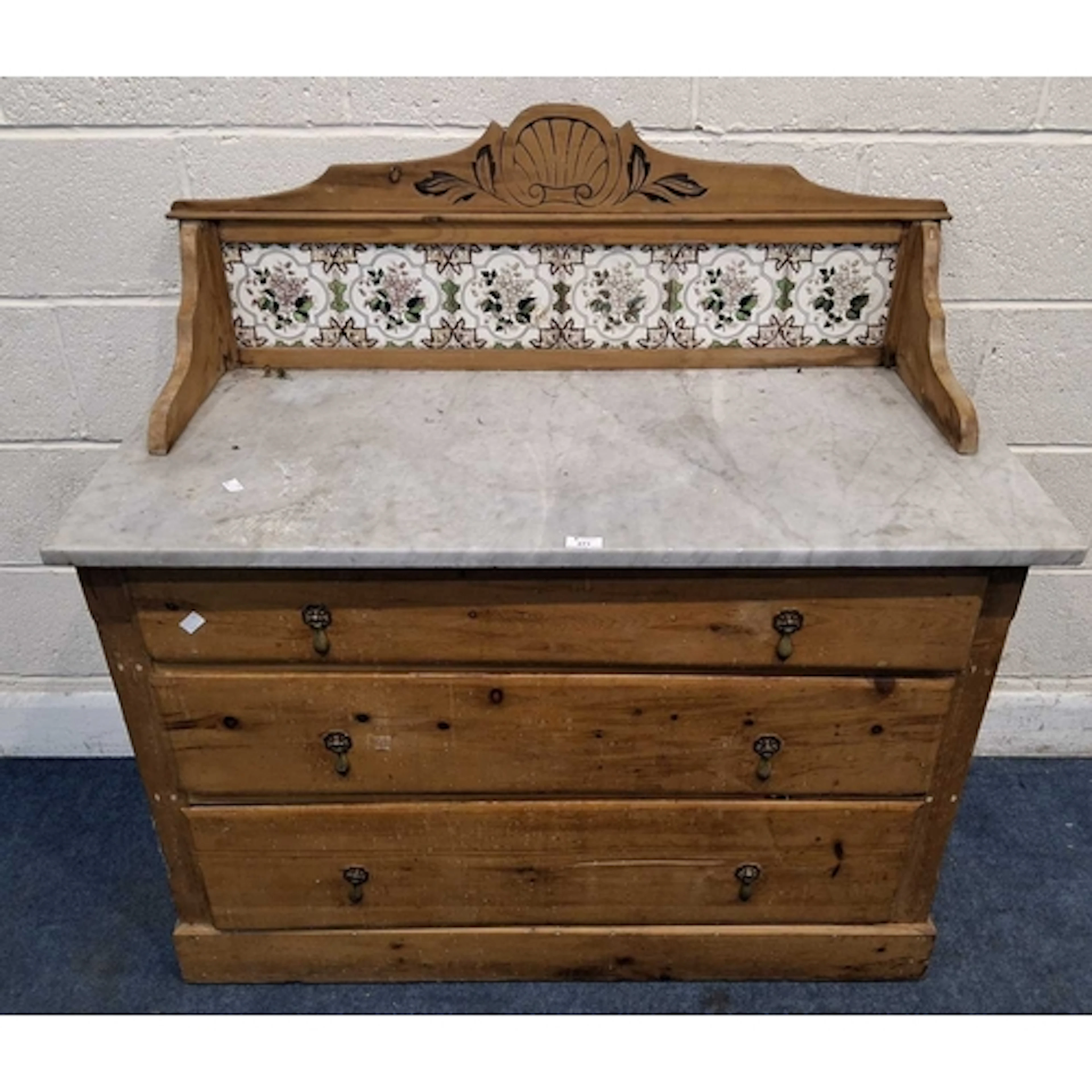 A 19TH CENTURY PINE WASHSTAND, with a raised tile back, a ma...