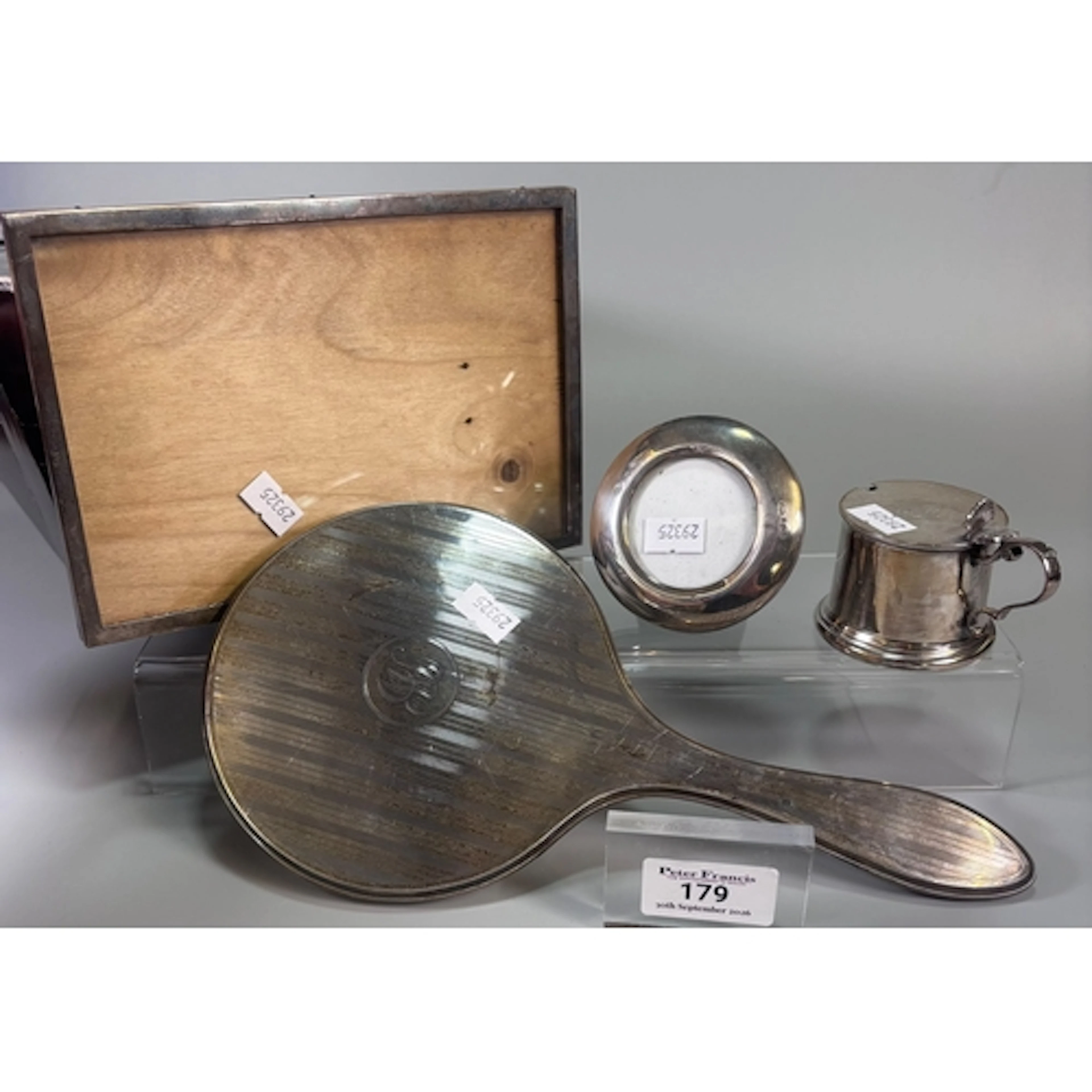 Silver mustard pot with engraved monogram (2.1 troy oz), tog...