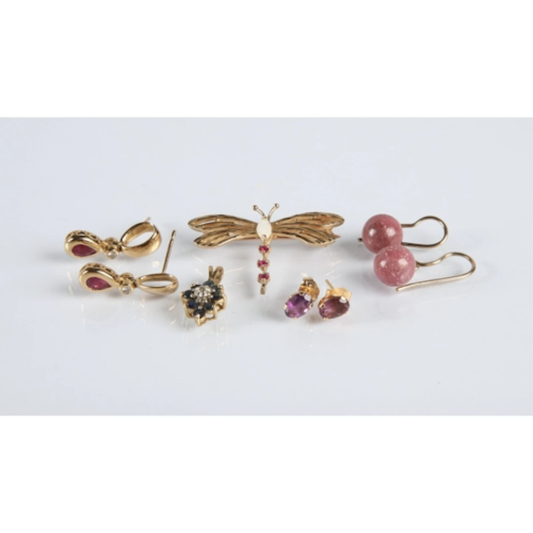 Assorted earrings and opal set dragon fly brooch.