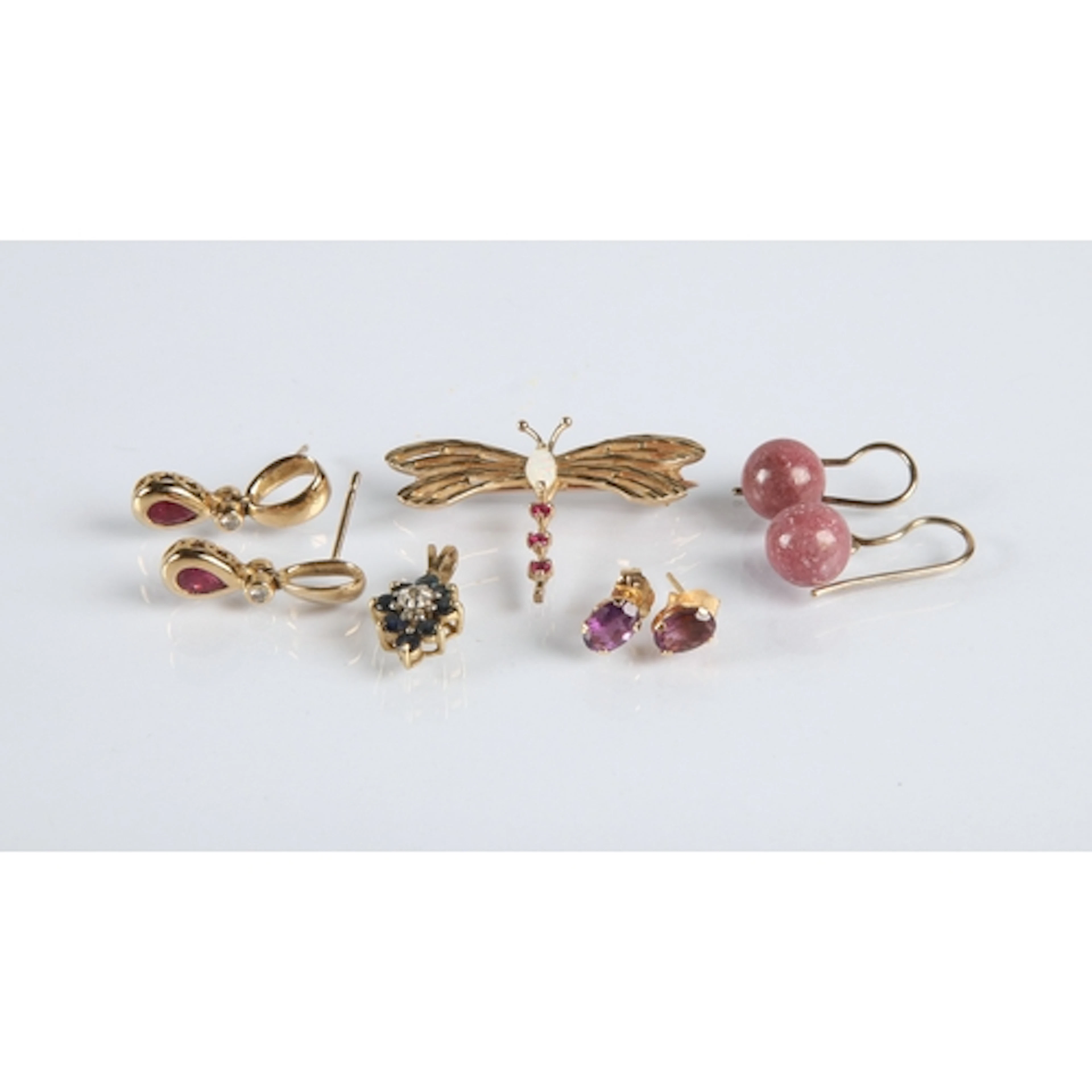 Assorted earrings and opal set dragon fly brooch.
