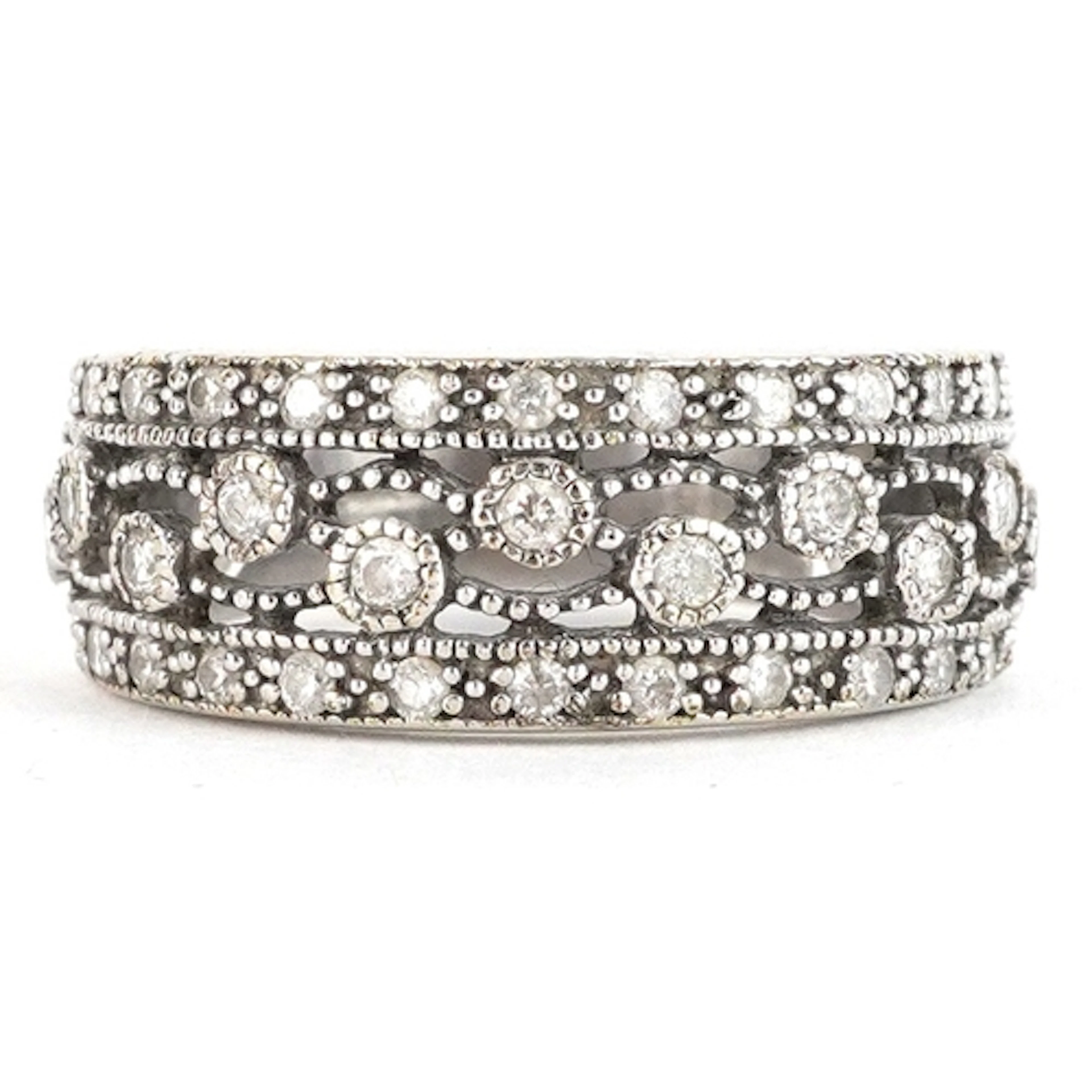 9ct white gold diamond three row half eternity ring, size N,...