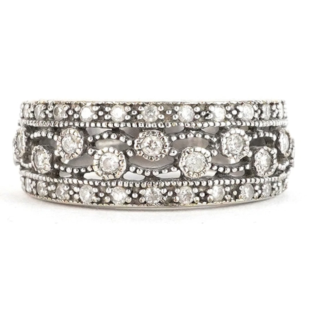 9ct white gold diamond three row half eternity ring, size N,...
