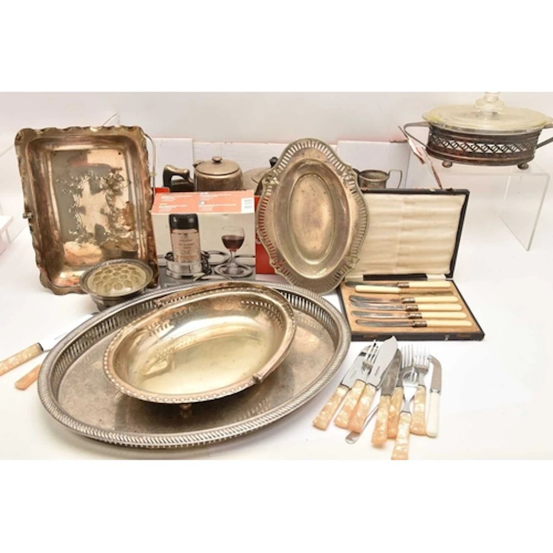 A BOX OF ASSORTED WHITE METAL WARE, to include trays, teapot...