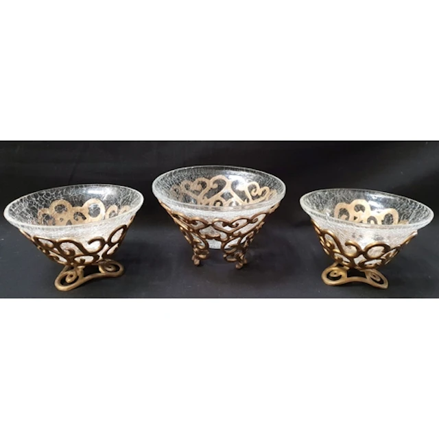 TRIO OF GRADUATED CRACKLE GLASS BOWLS each with ornate cast...