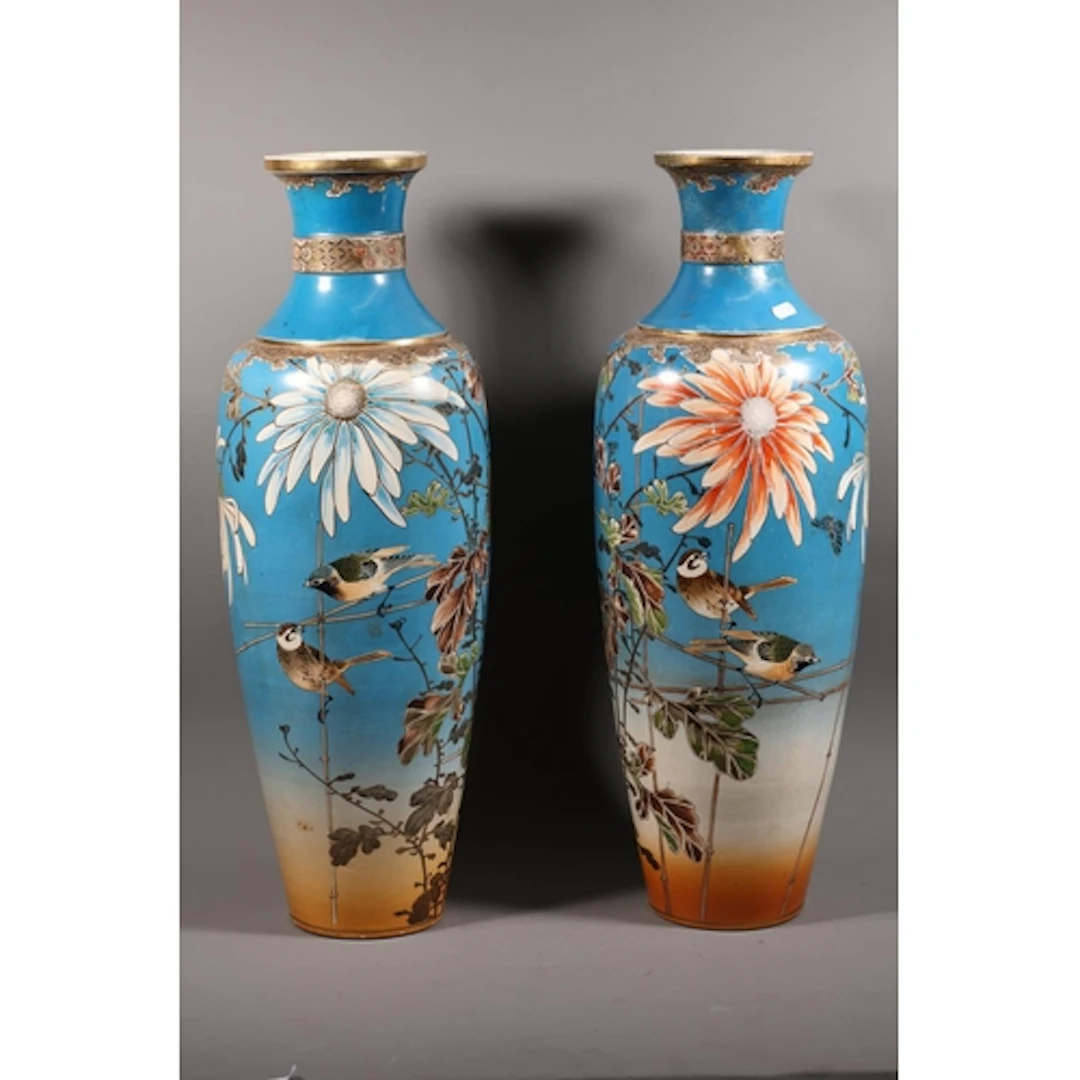 Pair of large Japanese vases, decorated with finches and chr...