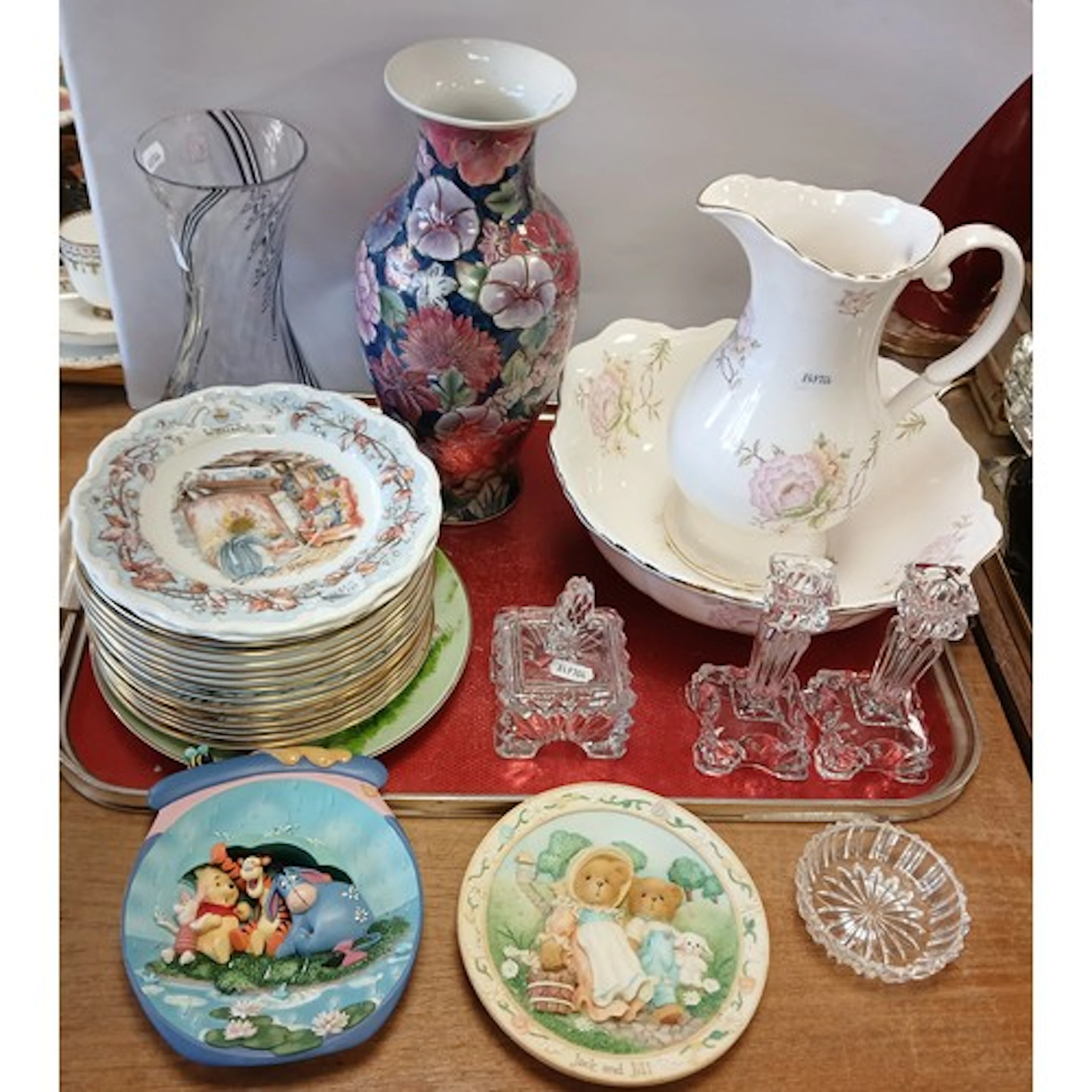 Jug and bowl set, glass dressing table set, collectors plate...