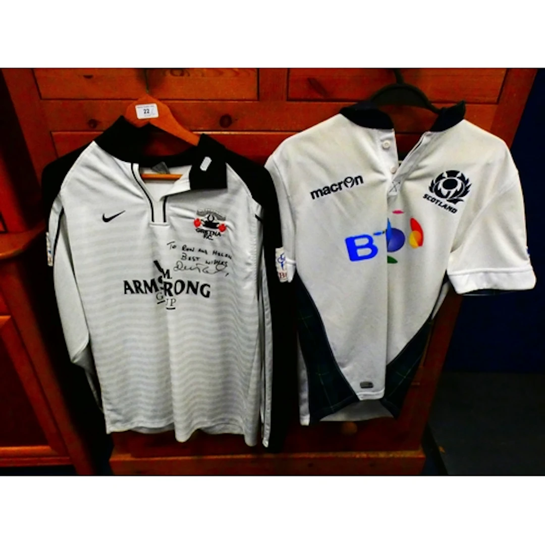 Signed Gretna F.C. home shirt, and a Scottish Rugby polo shi...