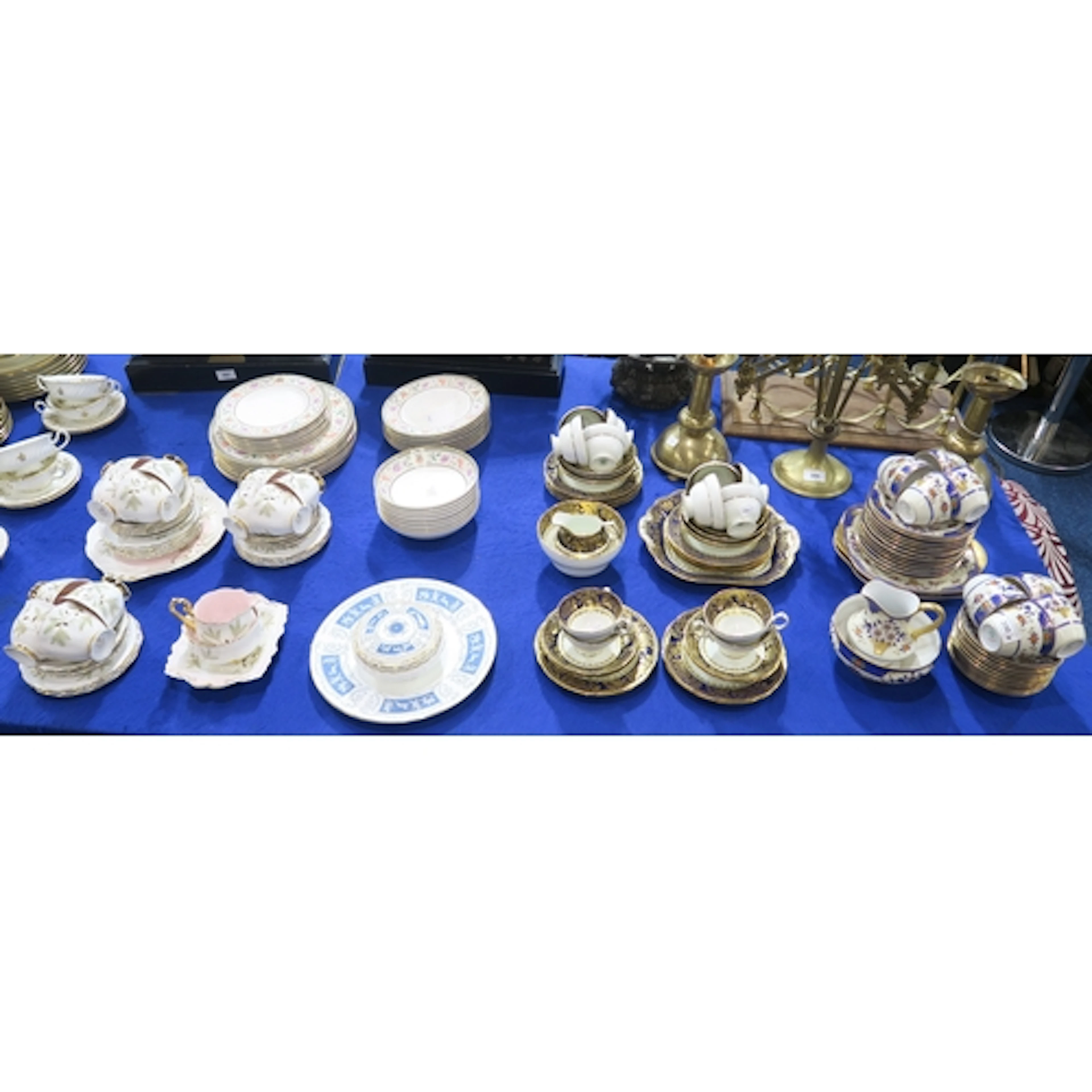A Hammersley tea set with gilt and dark blue banded border, ...