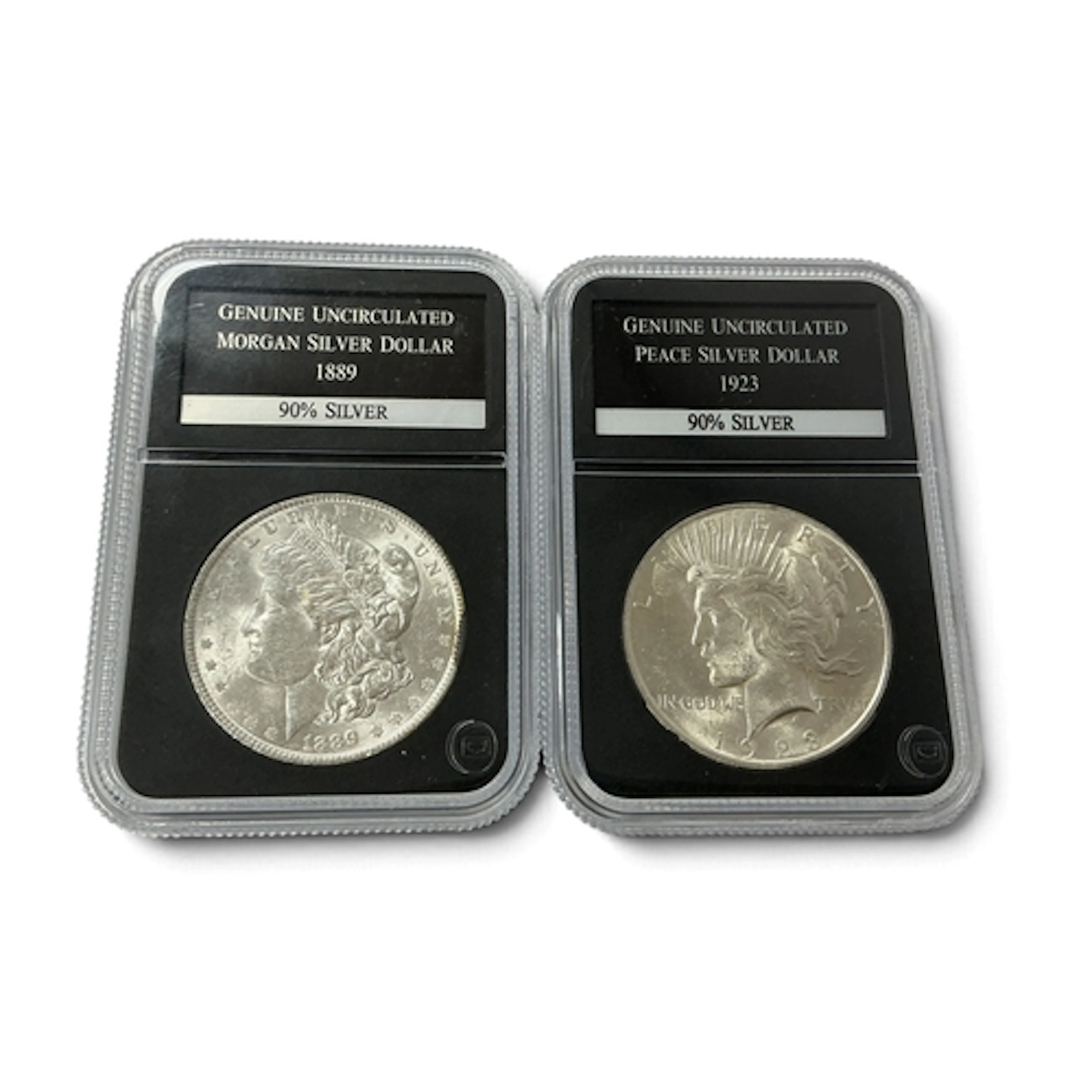 Two USA Silver Dollars In PCS Slabs, includes an 1889 Morgan...