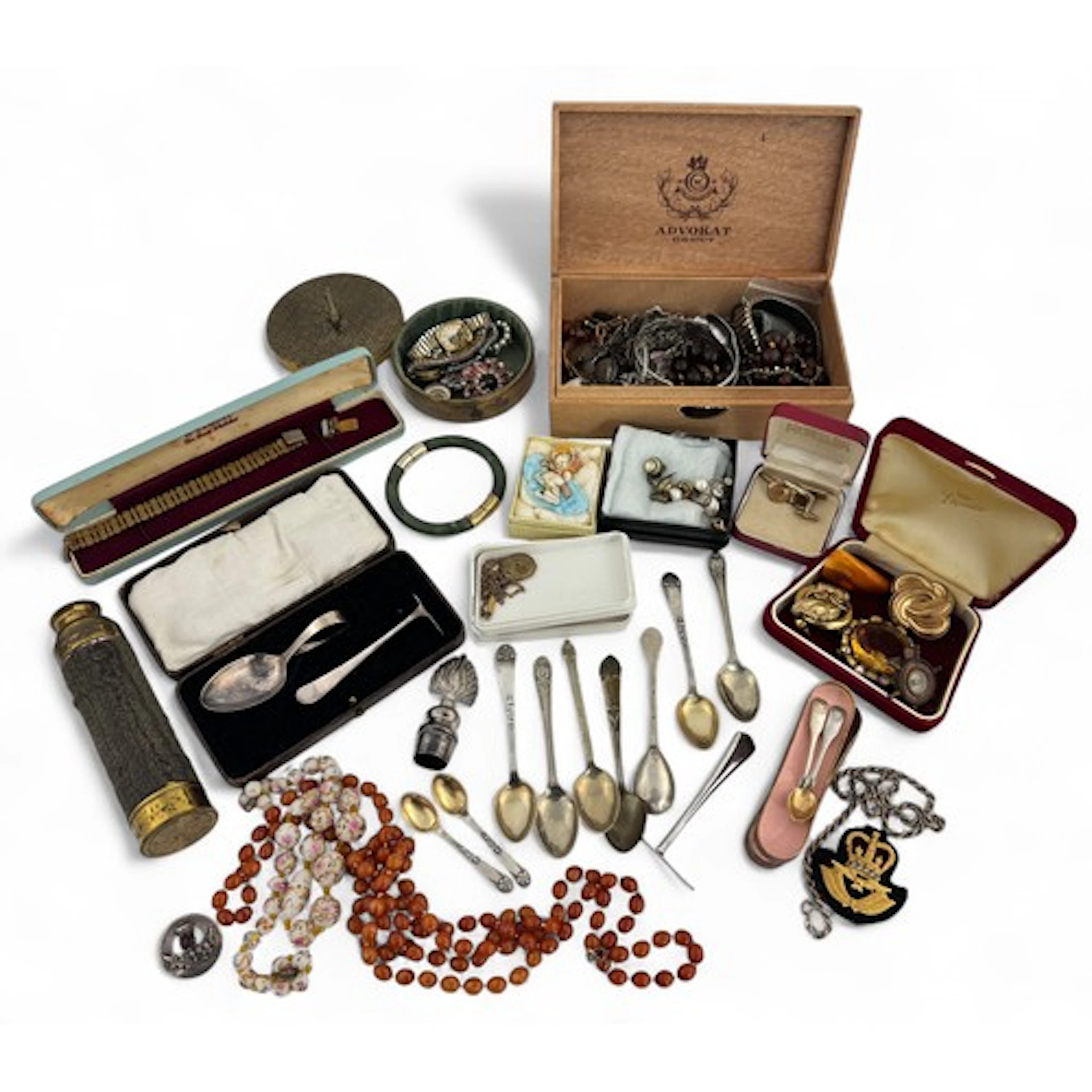 Box of silver and costume jewellery, watches and other items...