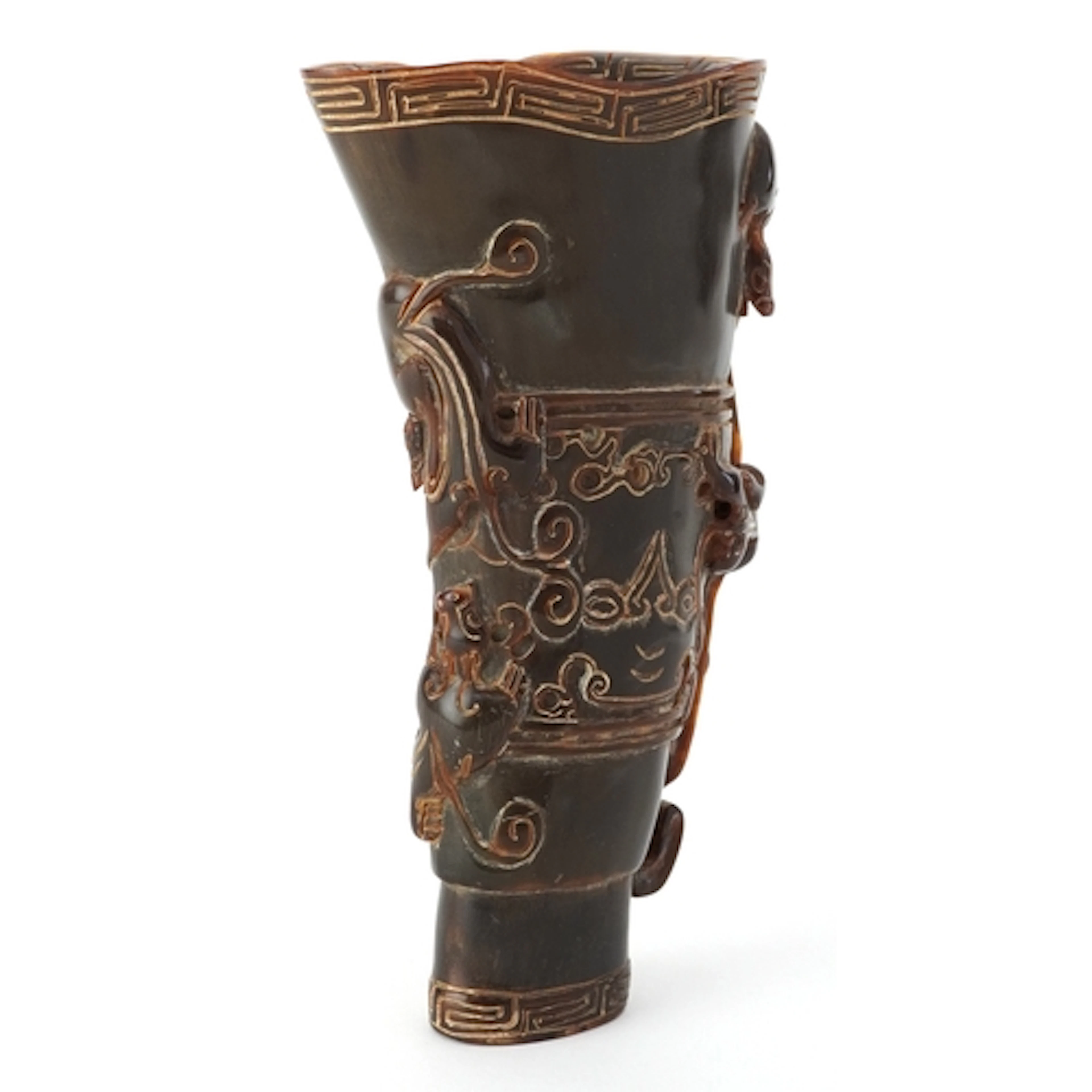 Large Chinese carved horn libation cup profusely decorated i...