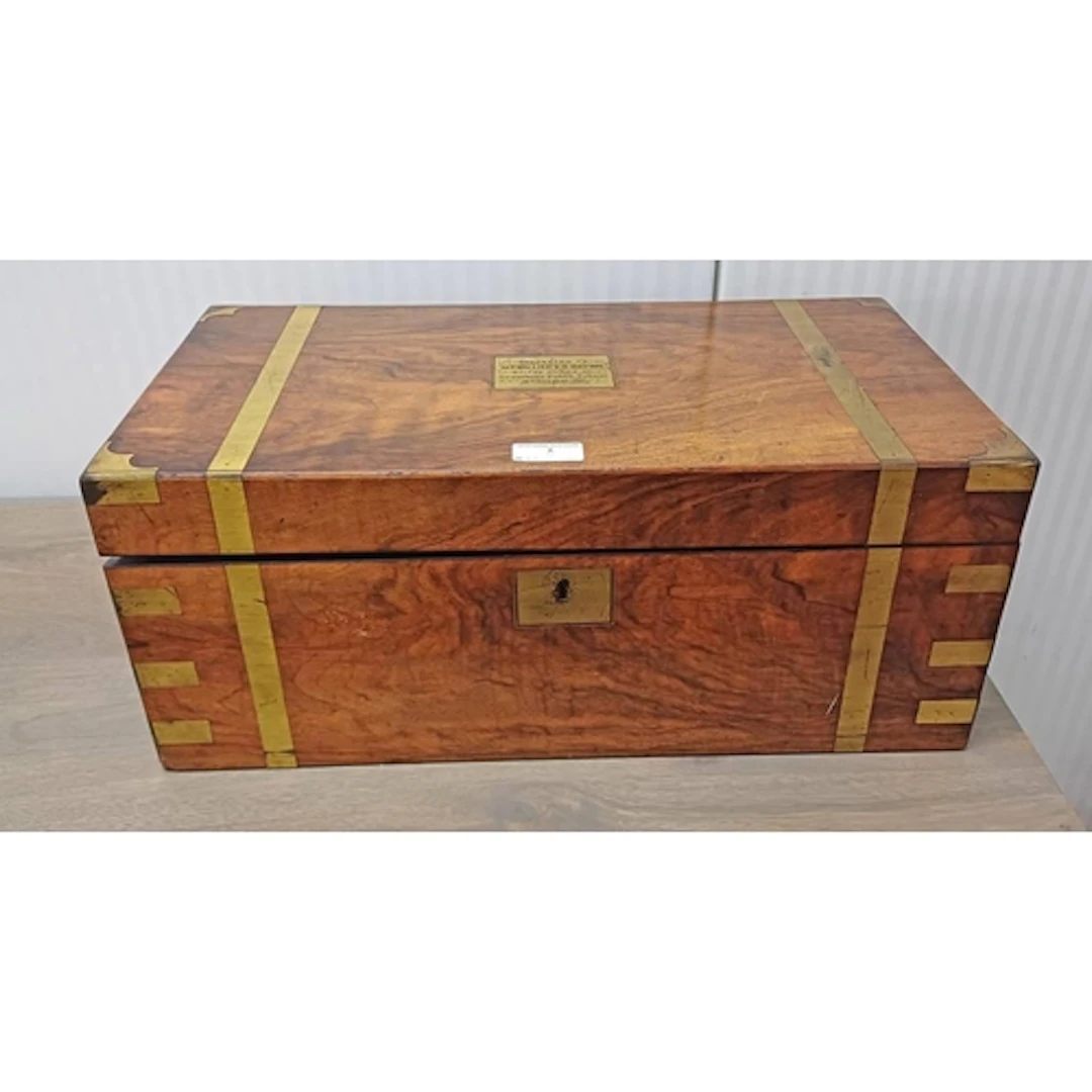 WALNUT WRITING SLOPE WITH BRASS FITTINGS, THE TOP WITH BRASS...