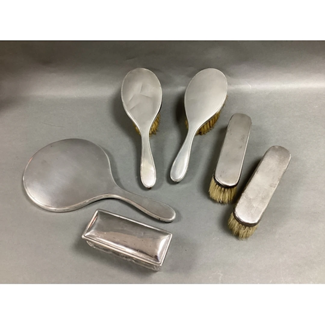 A Matched Hallmarked Silver Backed Five Piece Dressing Table...