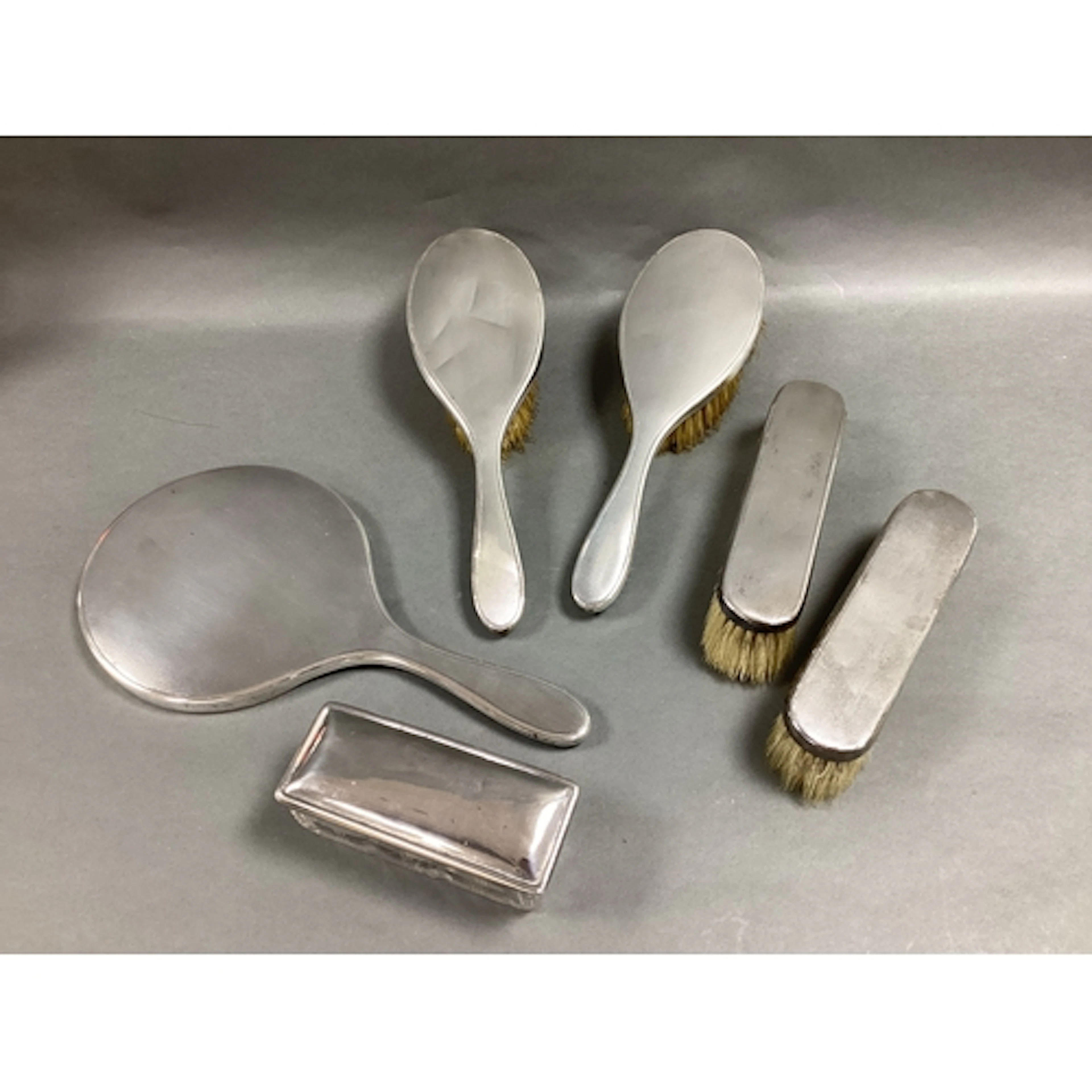 A Matched Hallmarked Silver Backed Five Piece Dressing Table...