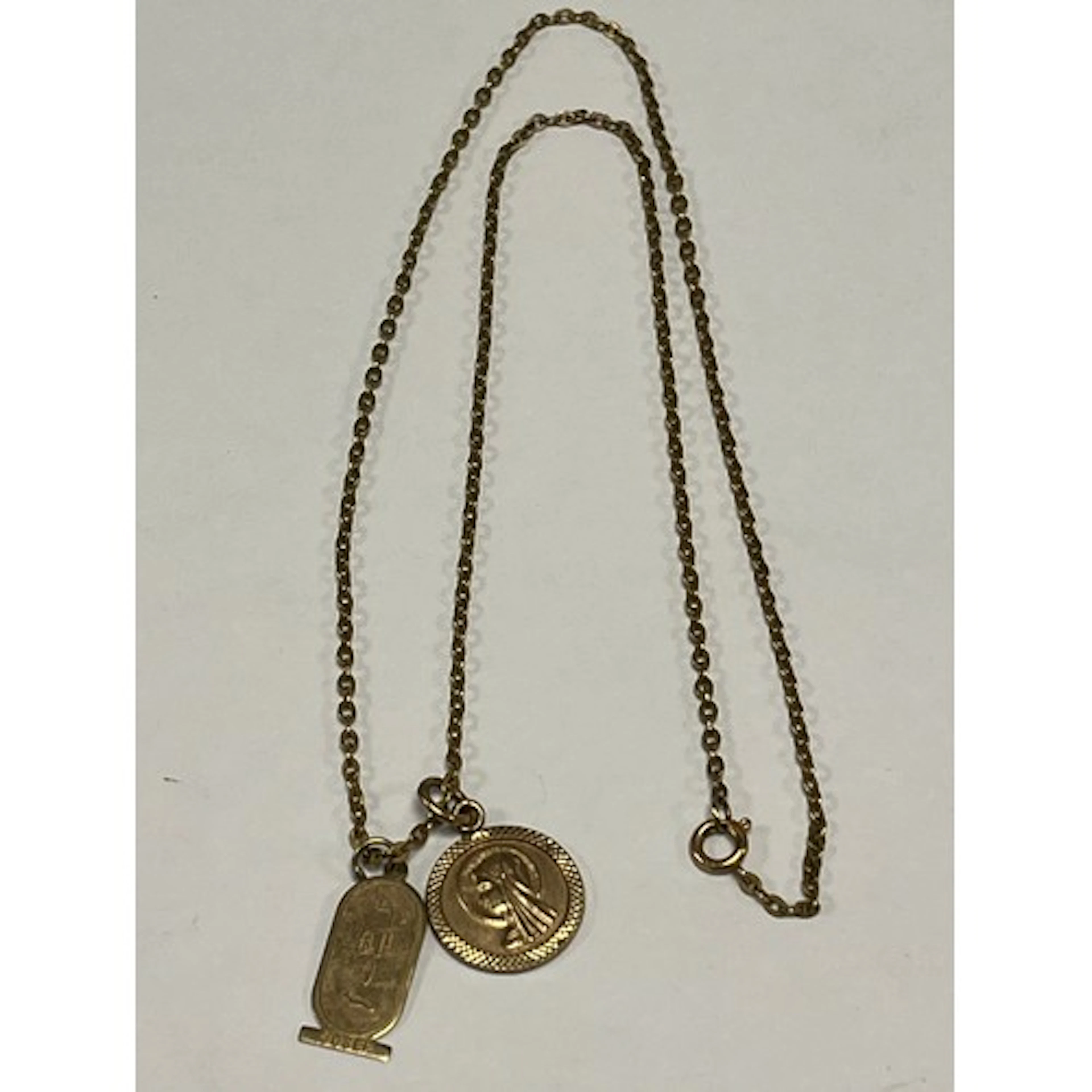 9ct gold chain with two 9ct gold pendants, Gross weight 4.7g...