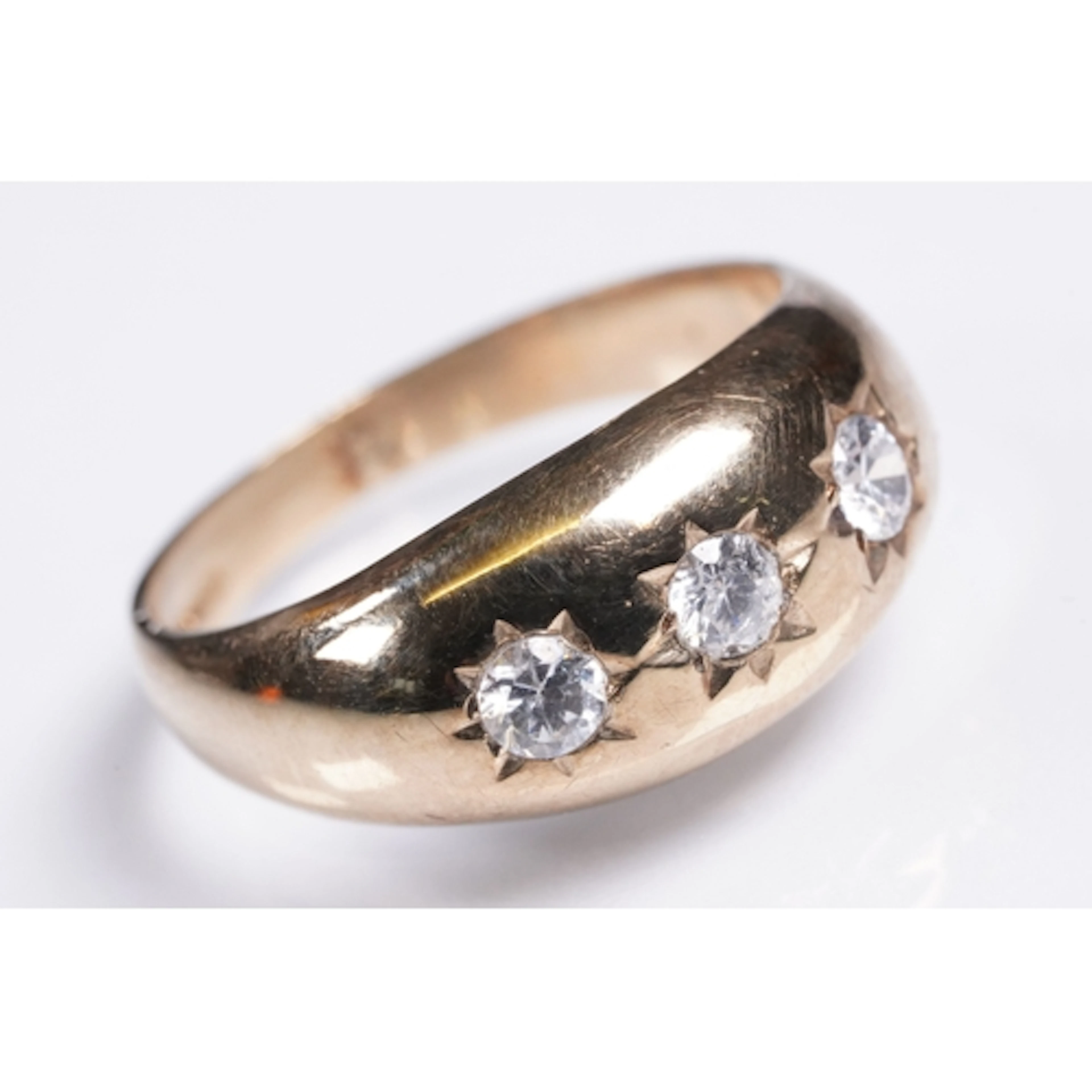 9ct gold and cz dome ring set with three round cz's in star ...
