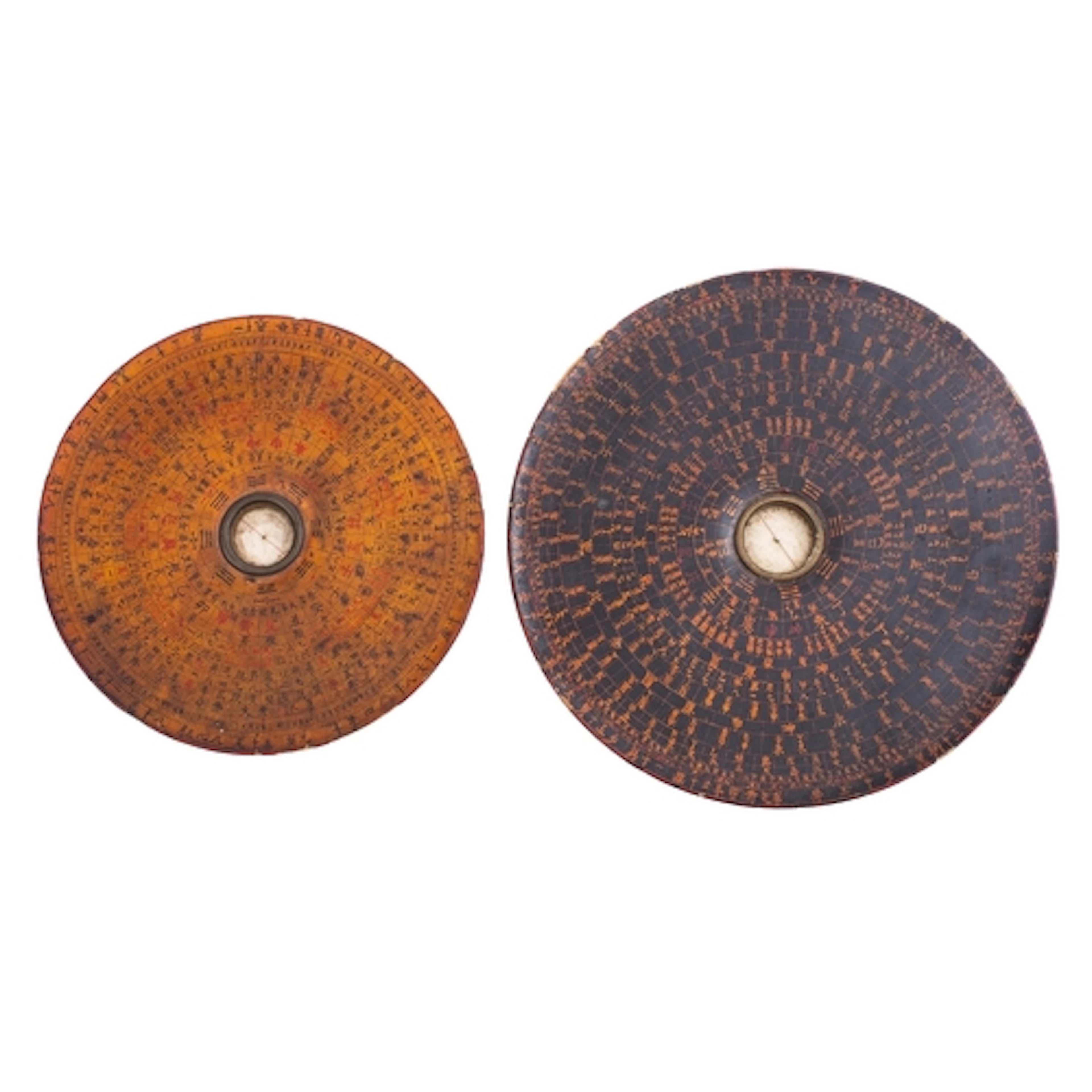 Two Chinese lacquer Feng Shui compasses [Luopan] in lacquere...
