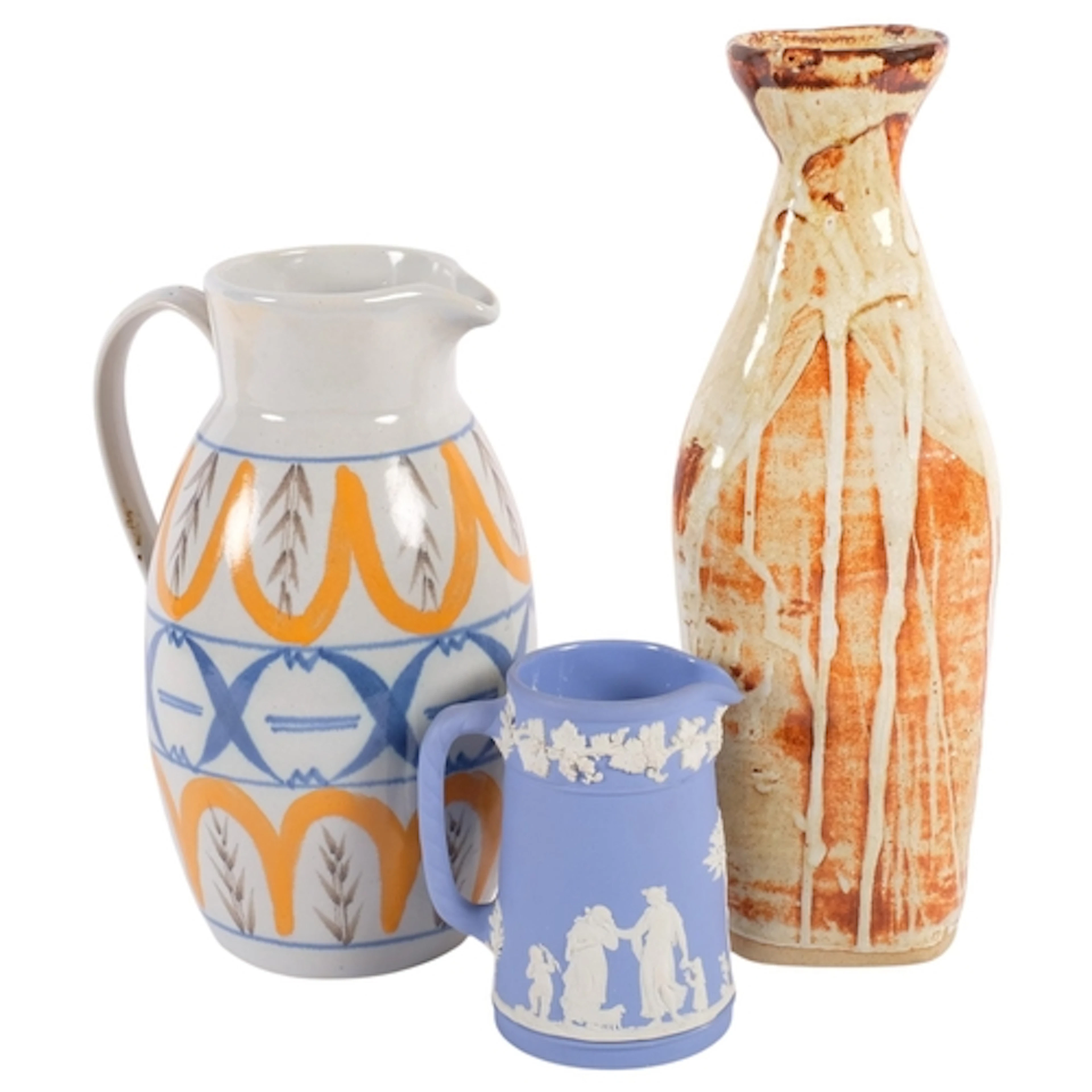 A Buchan jug with painted decoration, 25cm, a Wedgwood Jaspe...