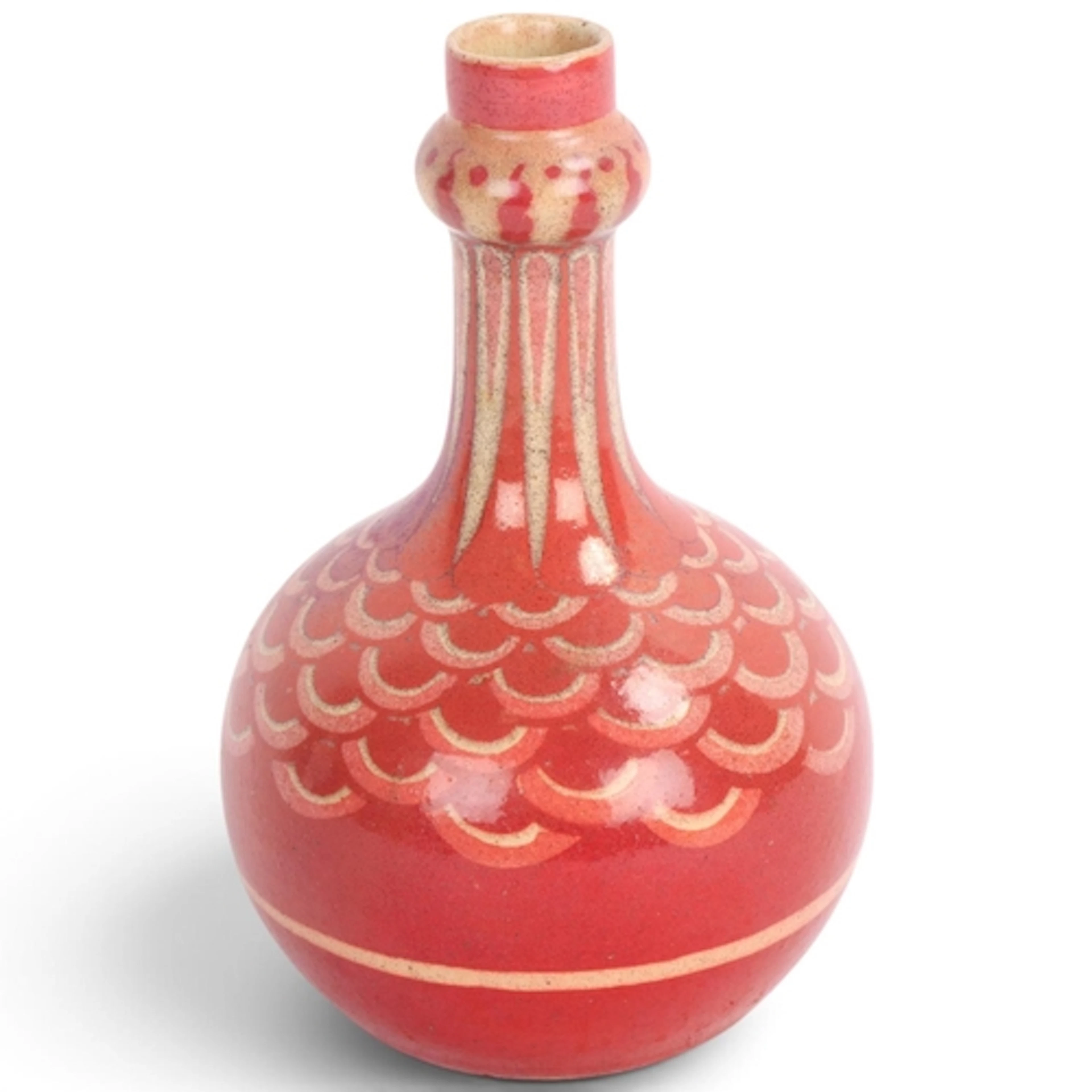 An Arts and Crafts red and cream ceramic vase in the manner ...
