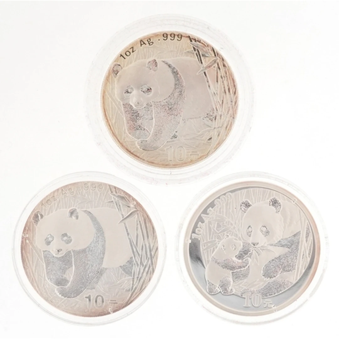 Three Chinese one ounce pure silver proof ten yuan coins 200...