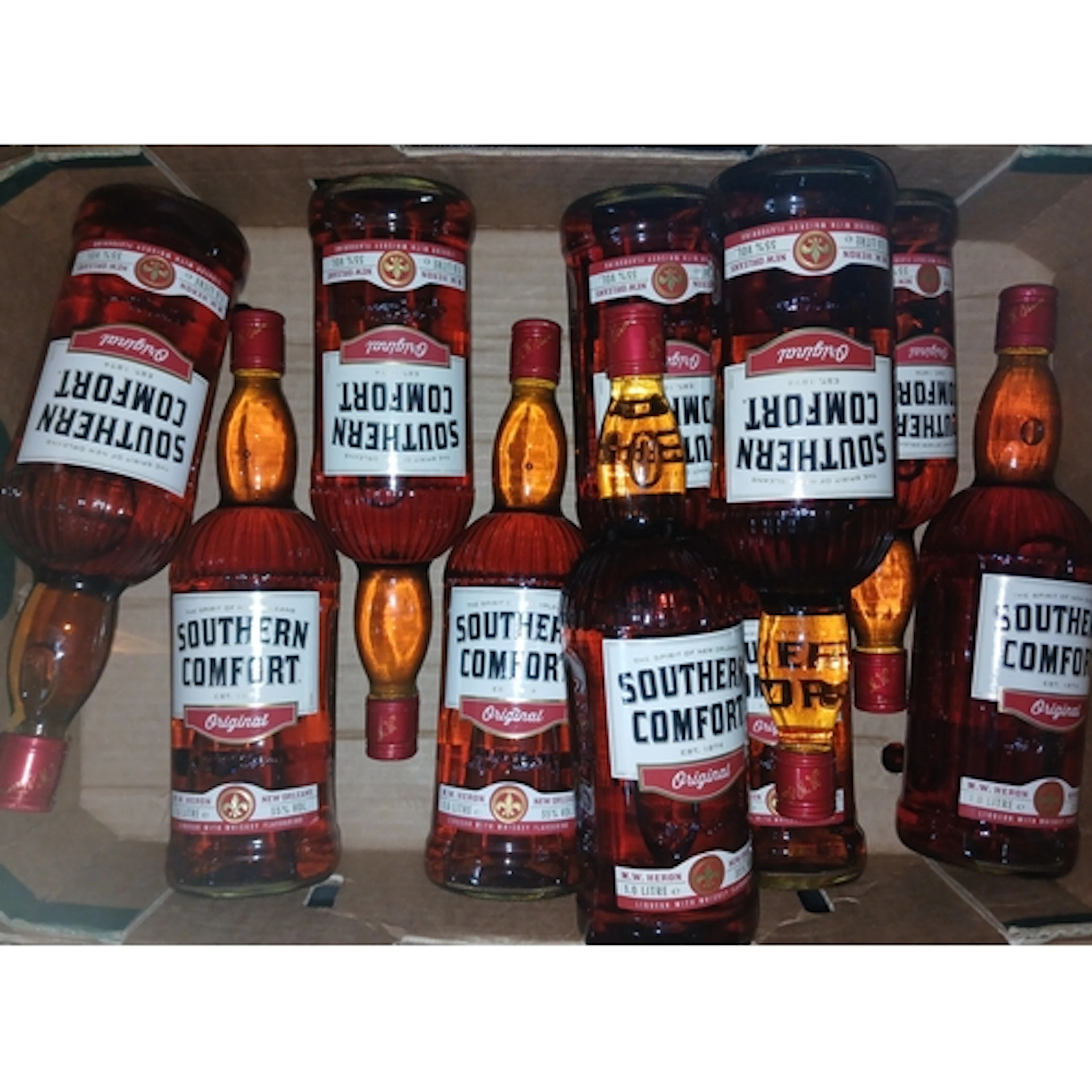 Ten 1 litre bottles of Southern Comfort.