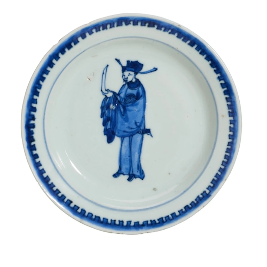 A RARE BLUE AND WHITE KOSOMETSUKE FIGURAL SAUCER DISH TIANQI...