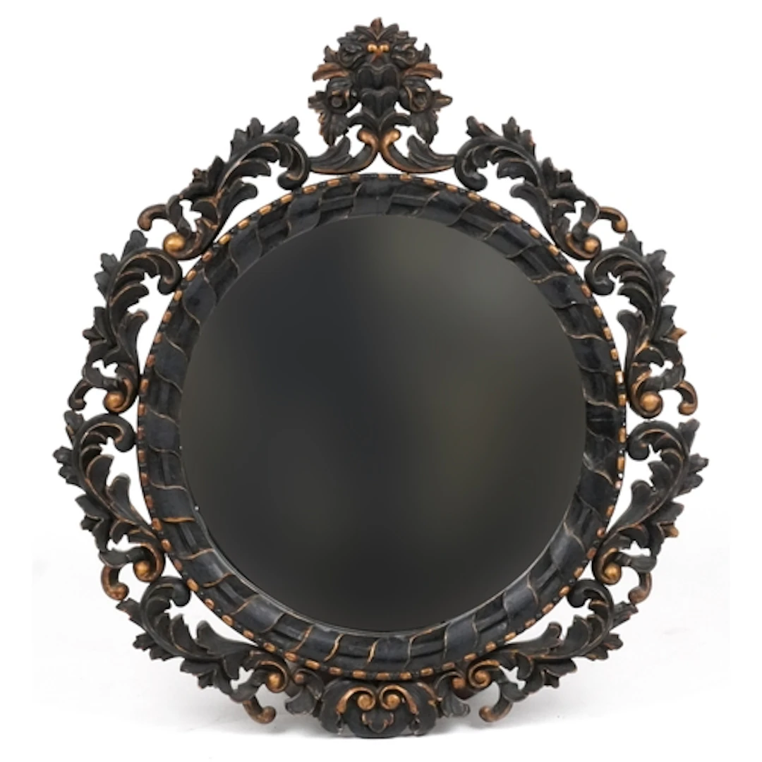 Large painted carved wood oval wall mirror, 85cm high.