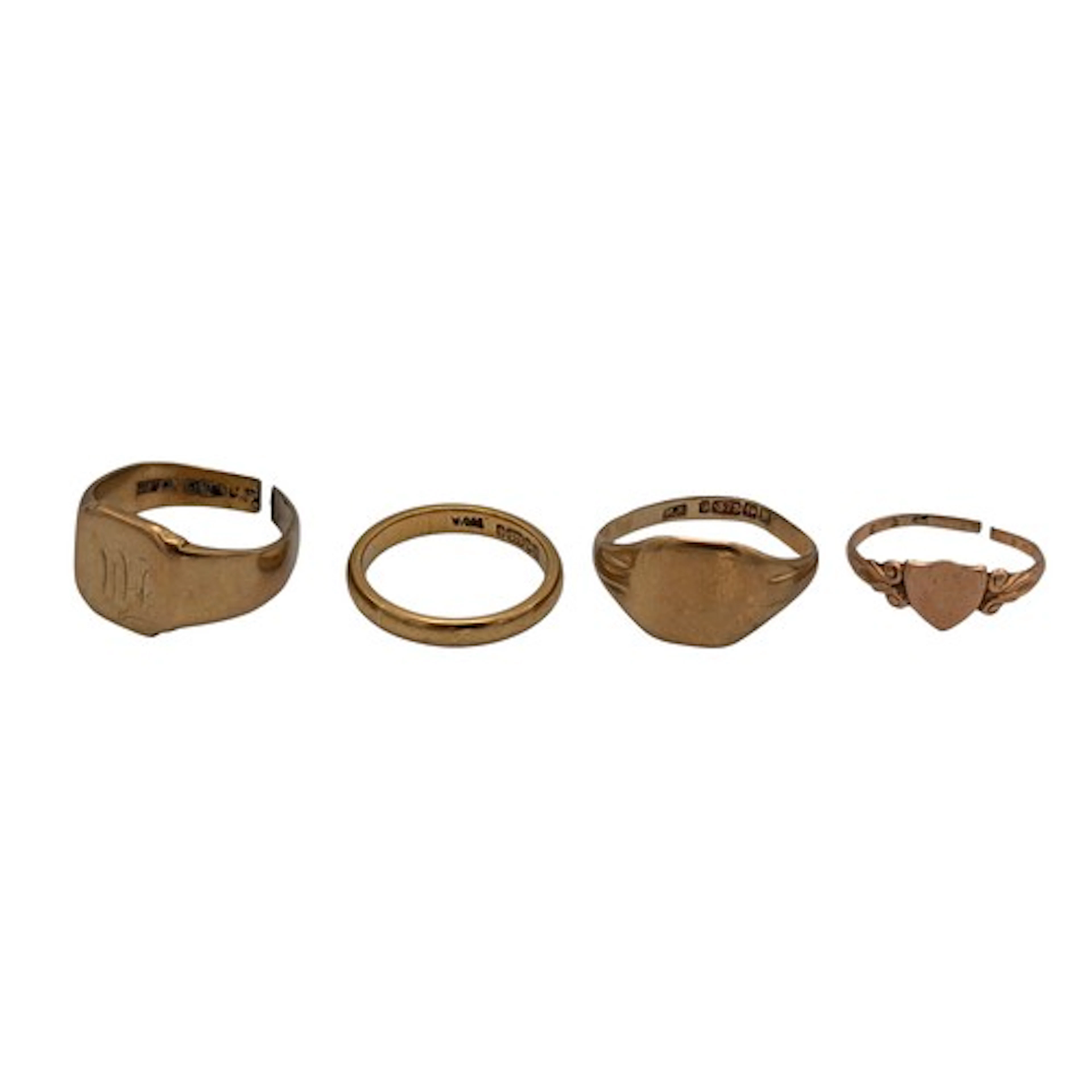 Rings - a 9ct gols wedding band, size J, three 9ct gold sign...