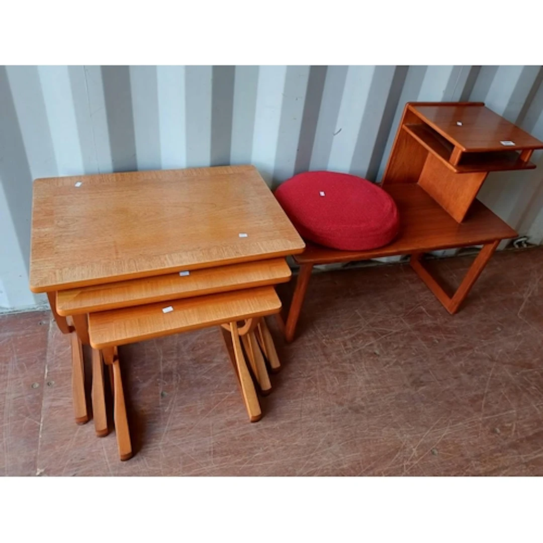 NATHAN TEAK NEST OF 3 TABLES & TEAK PHONE TABLE