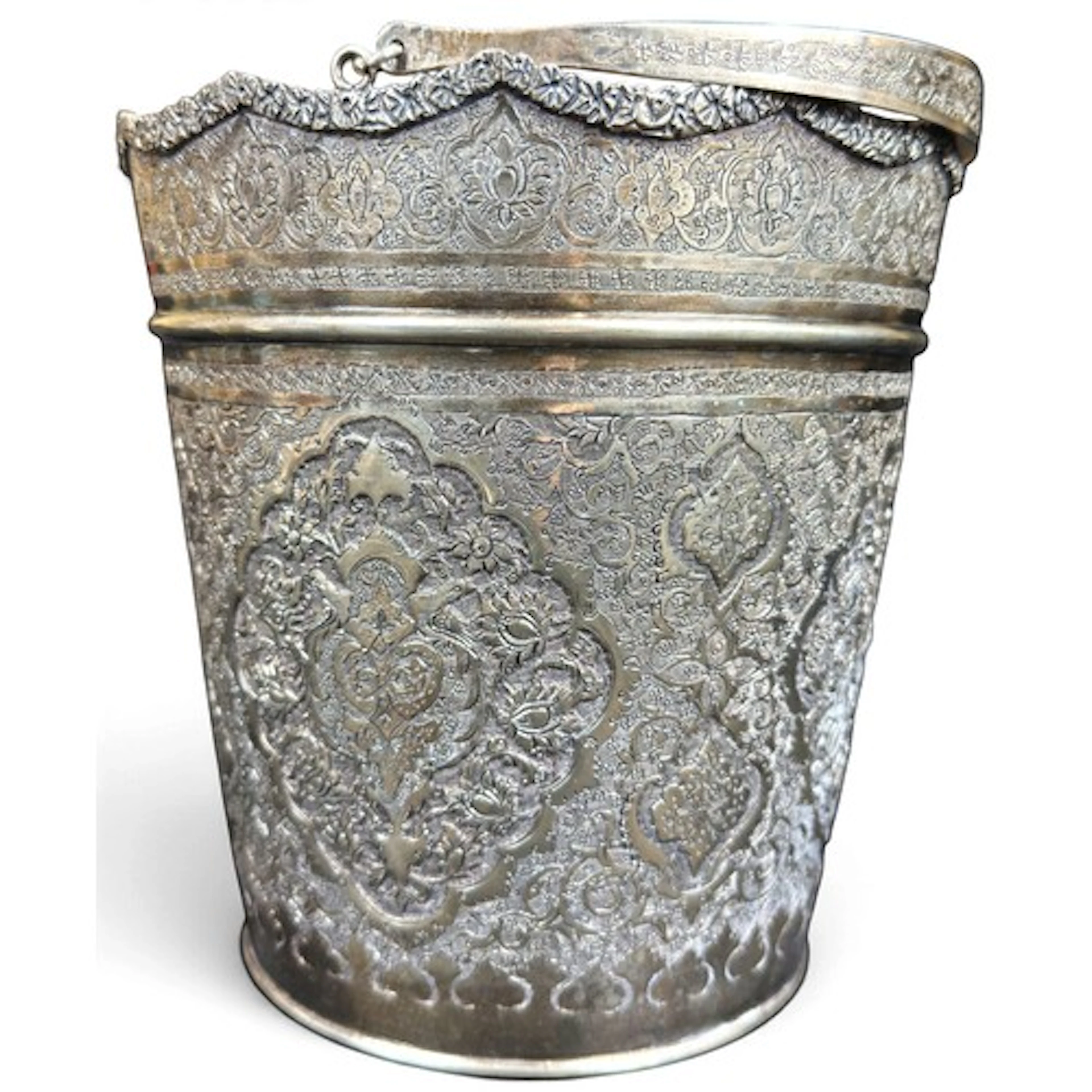 A large Persian silver pale with loop hinged carrying handle...