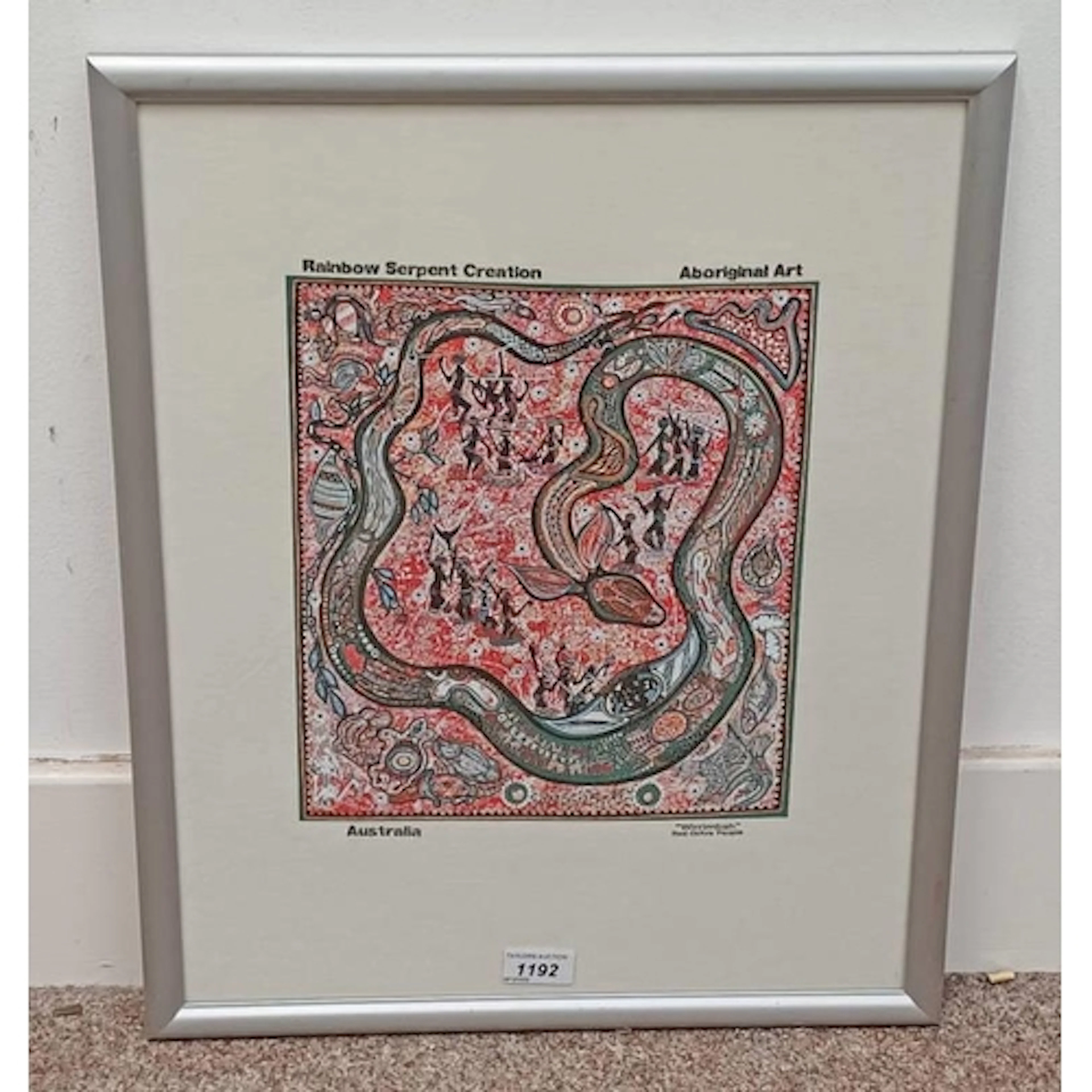 FRAME ABORIGINAL ART TITLED 'WIRRIMBAH', RED OCHRE PEOPLE, R...