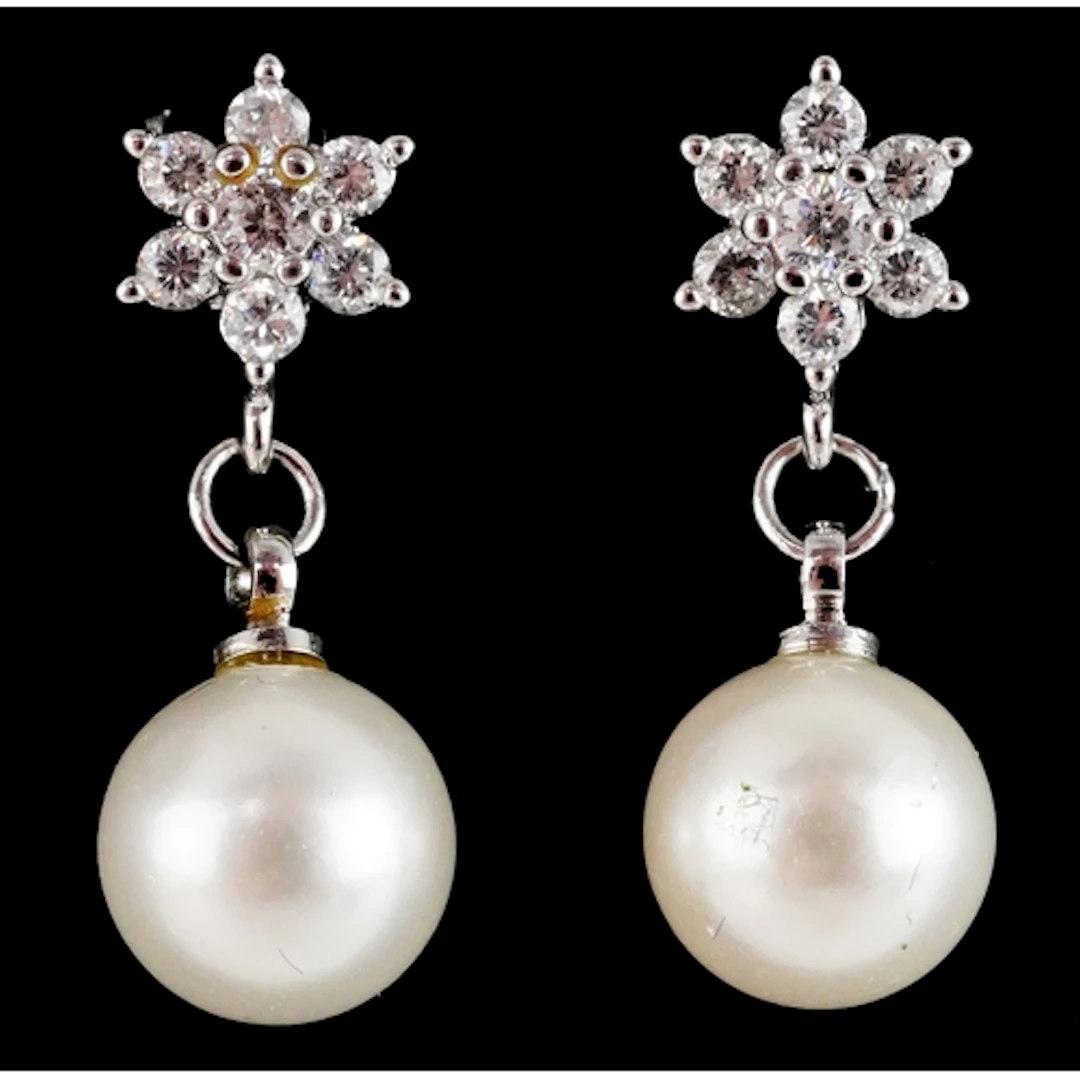Pair of silver clear stone and simulated pearl drop earrings...