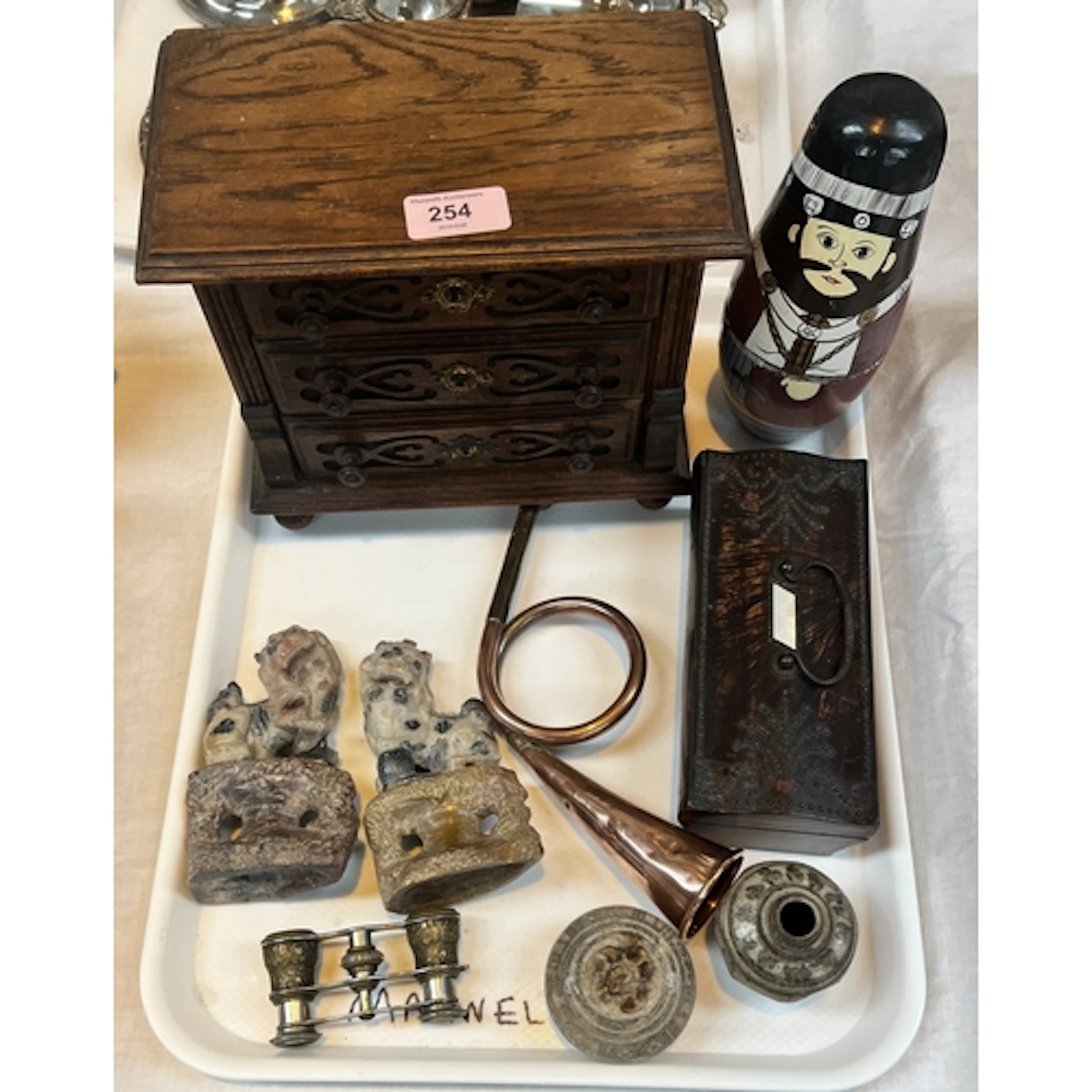 A vintage apprentice chest, a mother of pearl and studded bo...