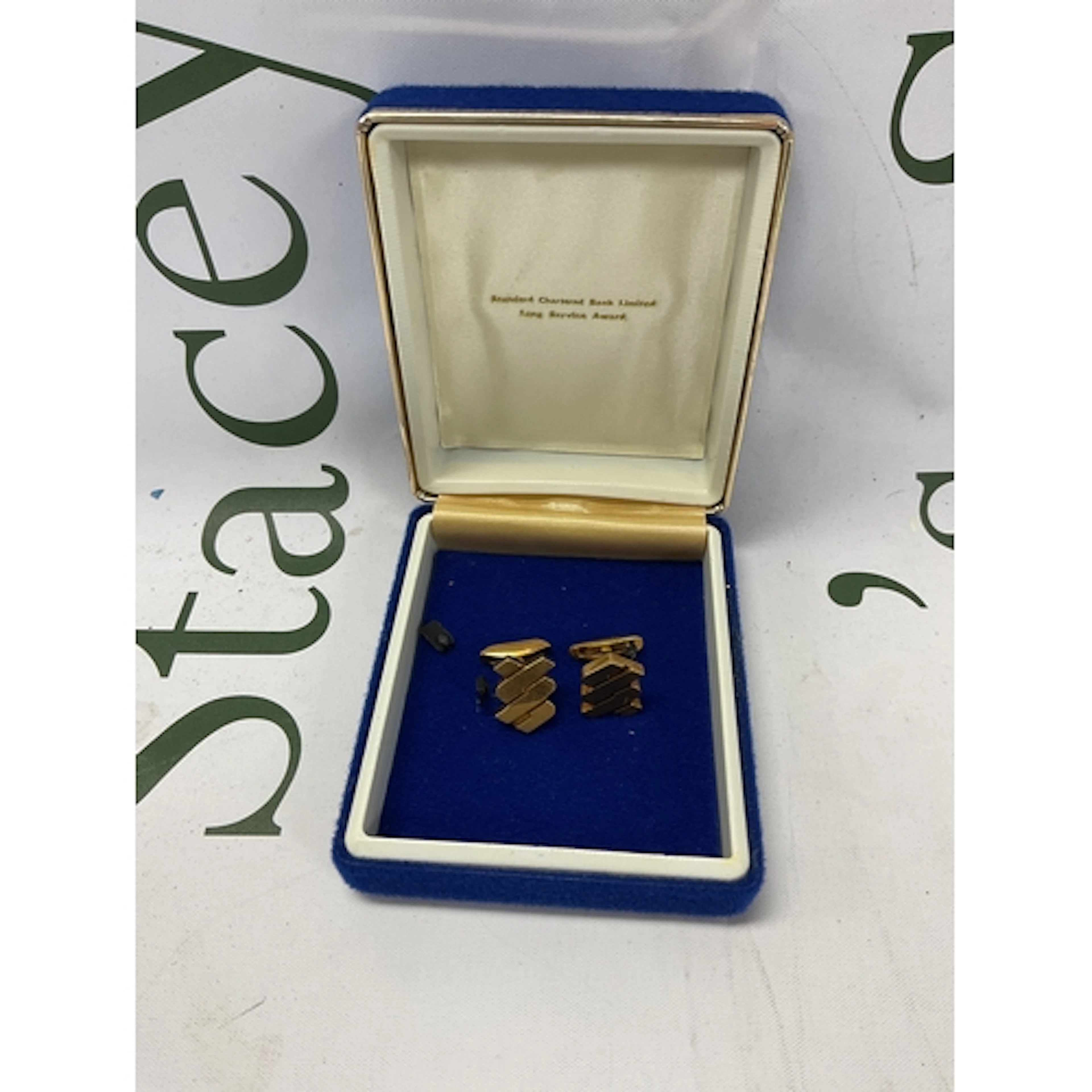 Pair of 18 ct cufflinks awarded and in the box from Standard...