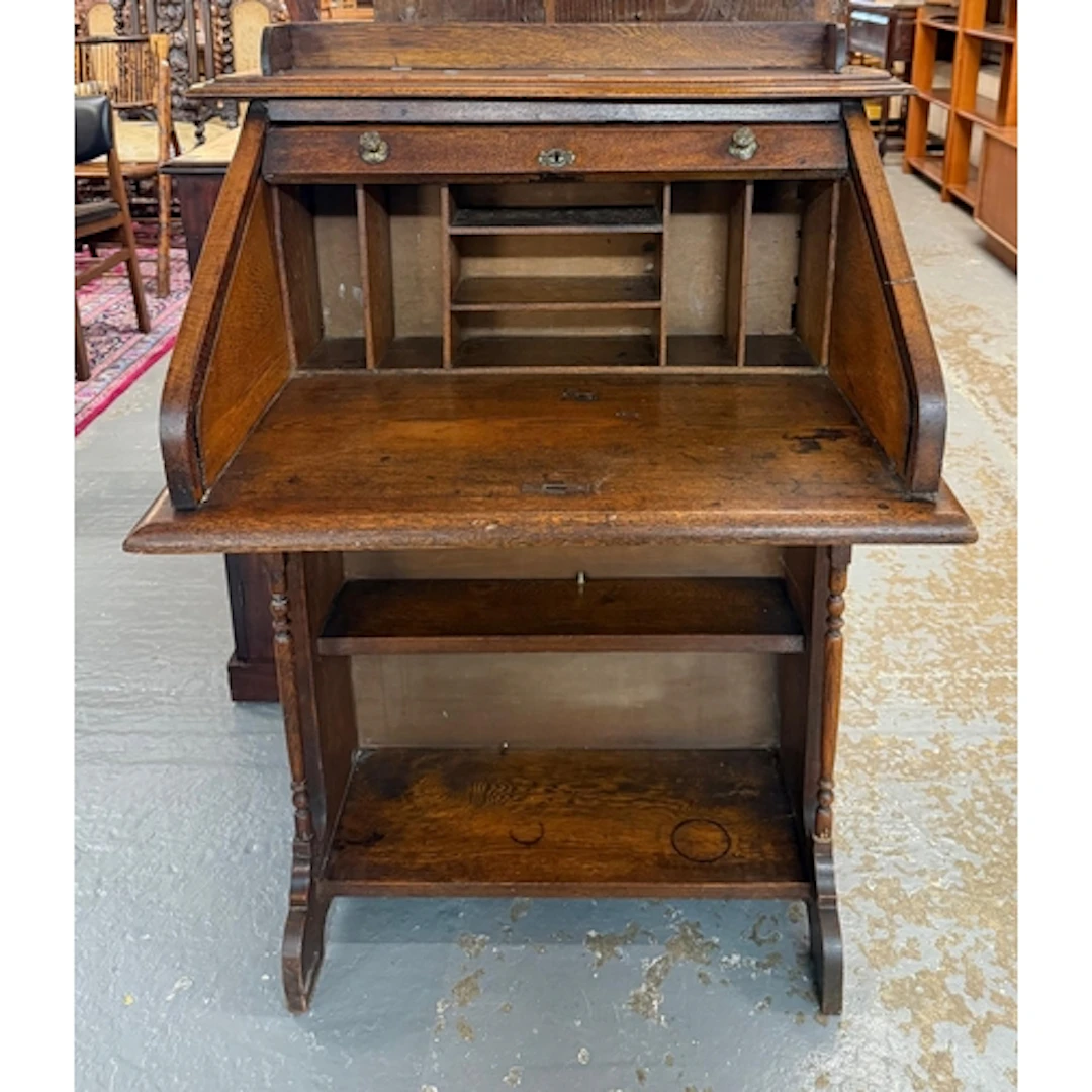 Small Edwardian oak writing desk with tambour front, fitted ...