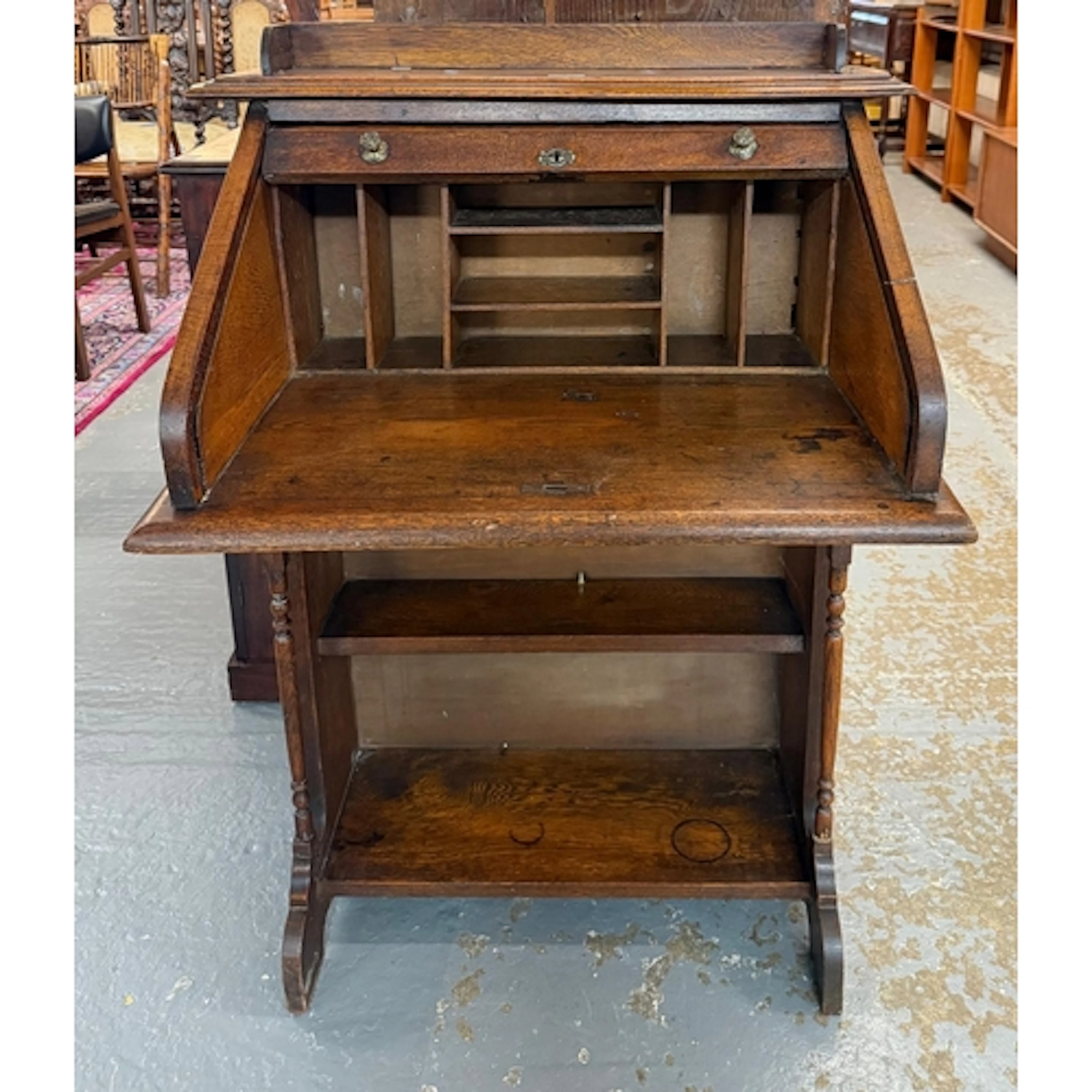 Small Edwardian oak writing desk with tambour front, fitted ...