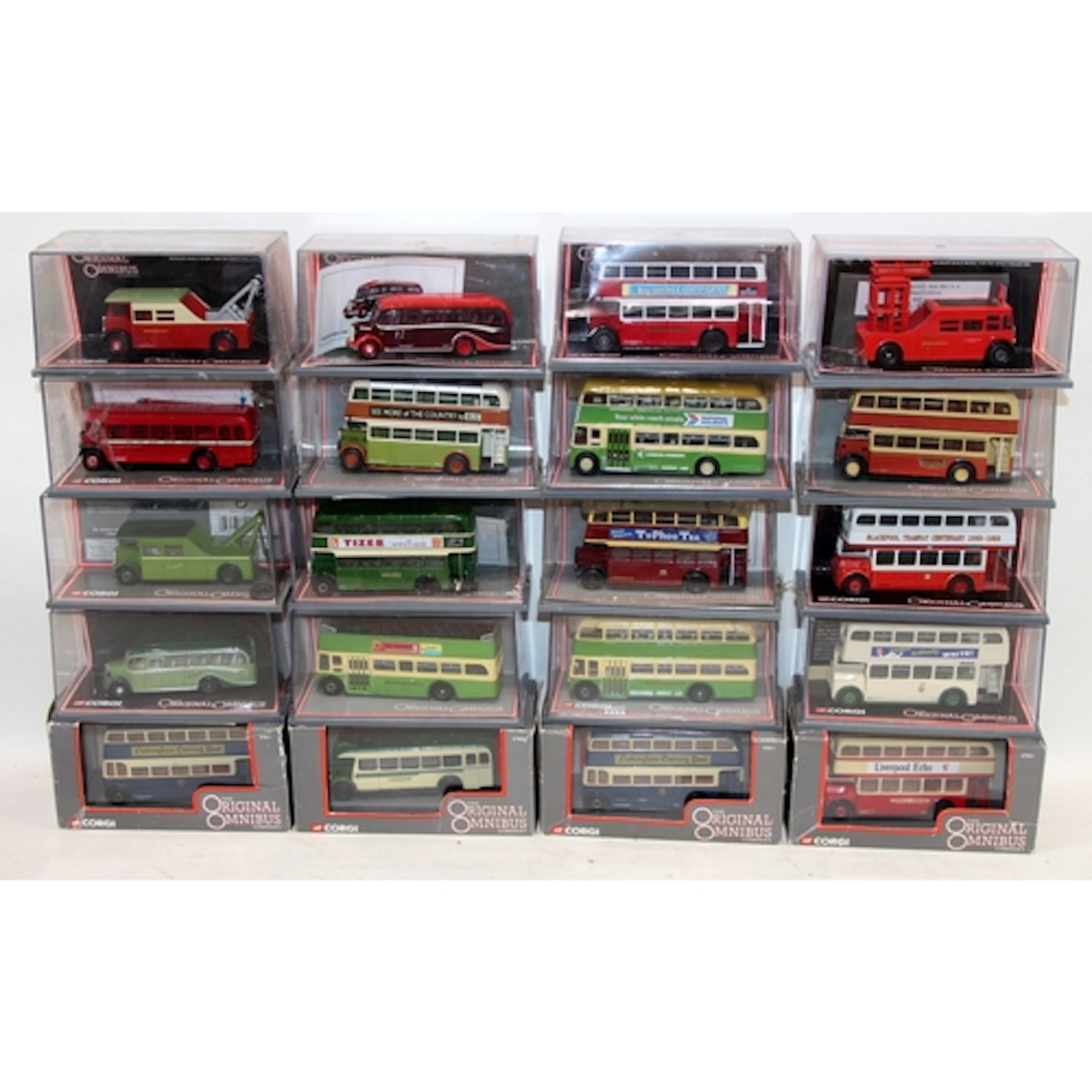 A collection of Corgi Original Omnibus die-cast model buses....