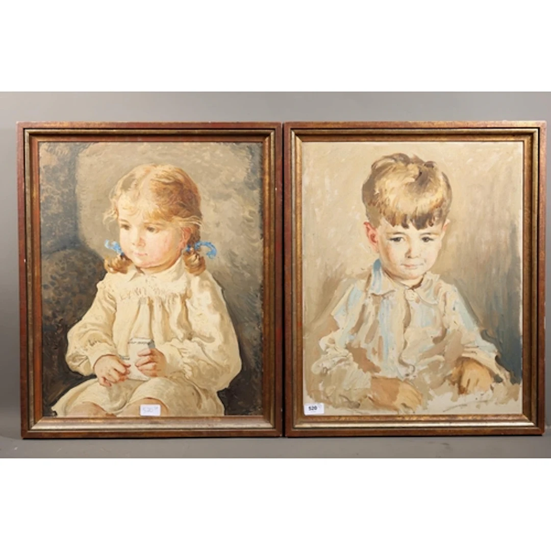 20TH CENTURY SCHOOL, portraits of a young boy and girl, oil ...