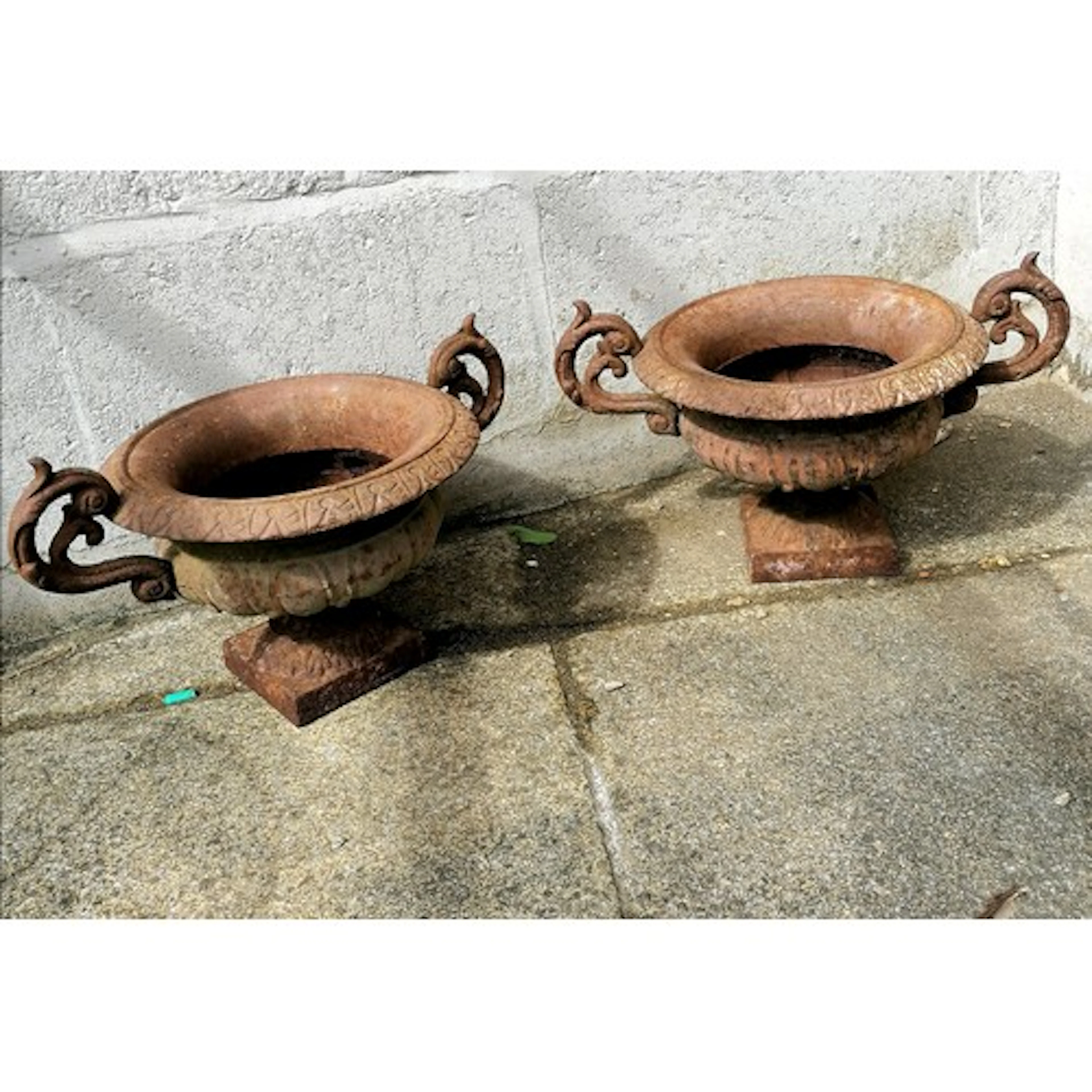 Antique pair of cast iron 2 handled fluted urns - 40cm long ...